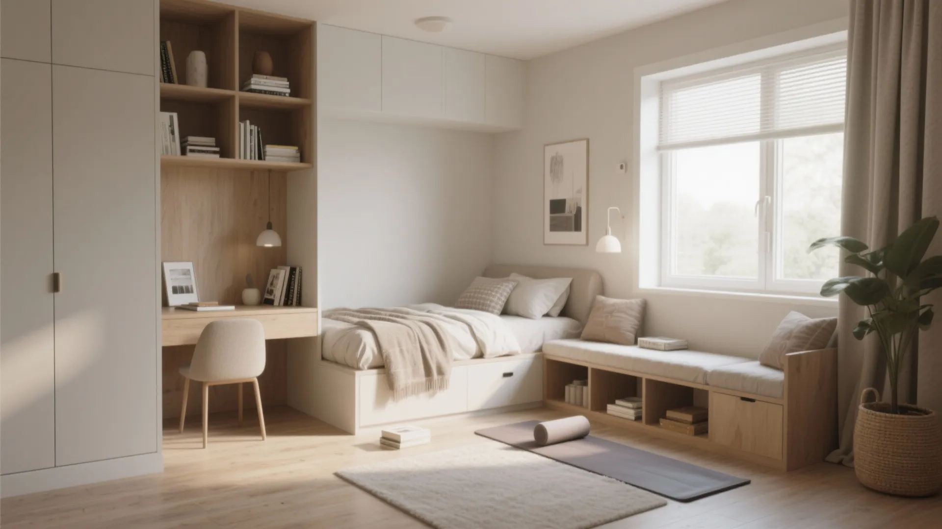 Small modern bedroom with light wood desk chair bed window seat yoga mat and plant