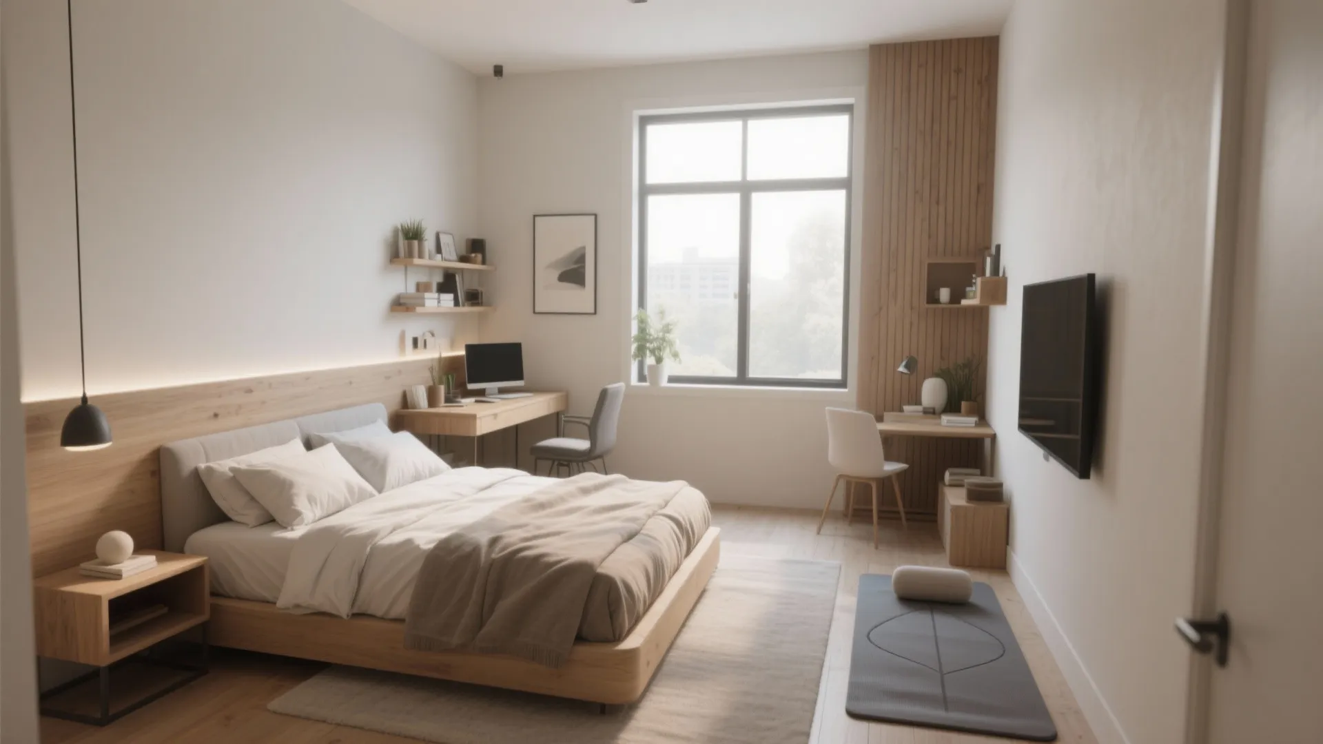 Modern bedroom featuring a wooden bed and two desks used for a home office setup