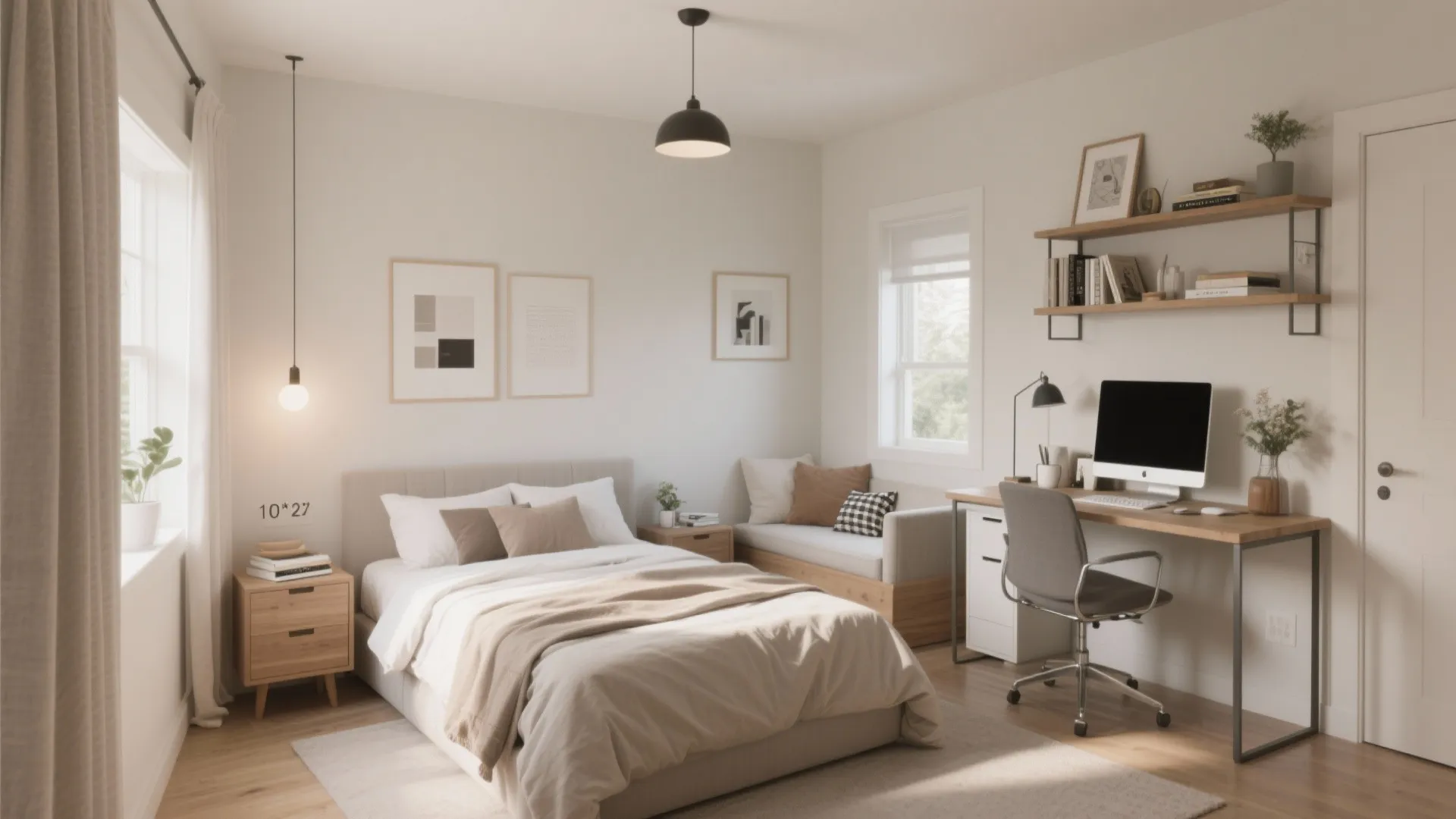 Modern bedroom with a wooden desk computer chair bed wall shelves and black ceiling light