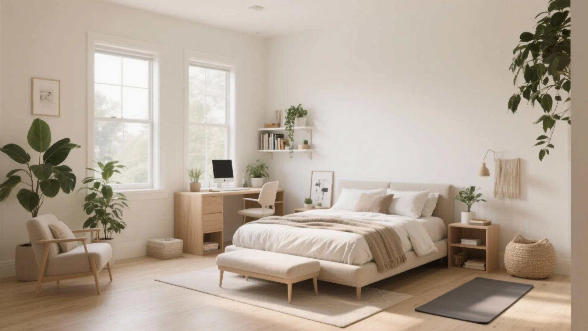 Bright minimal bedroom with wooden desk chair plants comfortable bed footrest rug and large windows lighting
