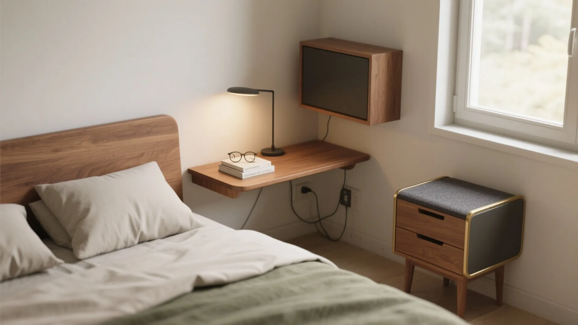 Modern bedroom with wooden bed, floating shelf, table lamp, books, and a small wooden cabinet