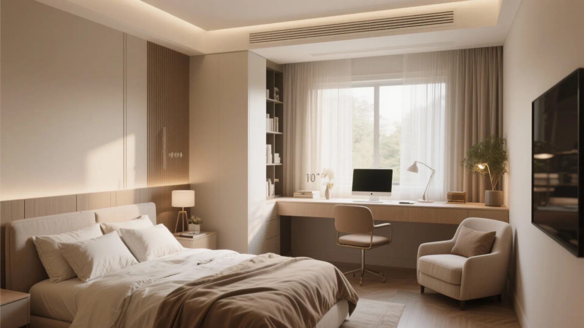 Modern bedroom layout showing a wooden desk under a window with a chair and furniture