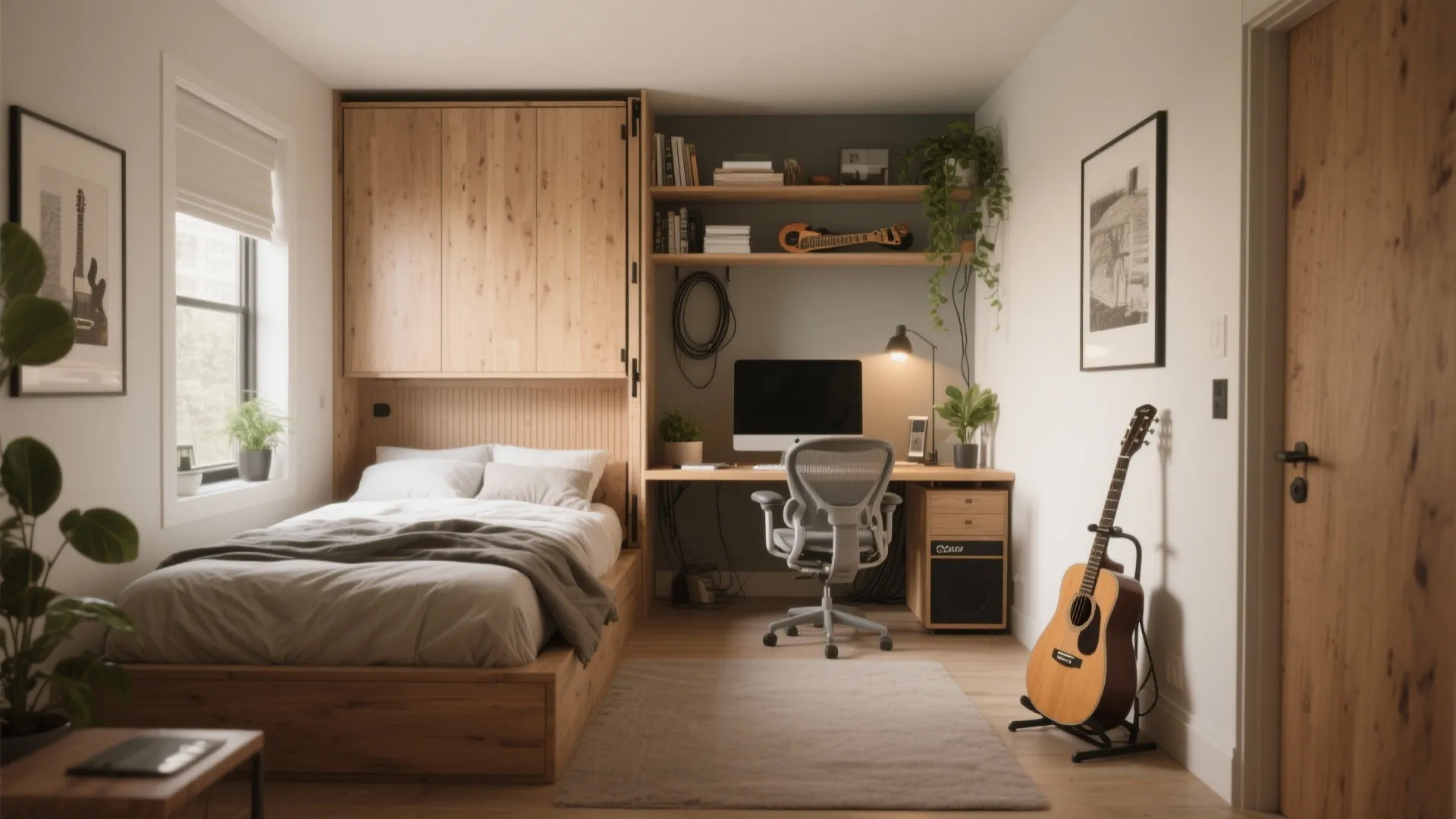 Small bedroom interior design featuring a wooden bed frame next to a computer desk setup