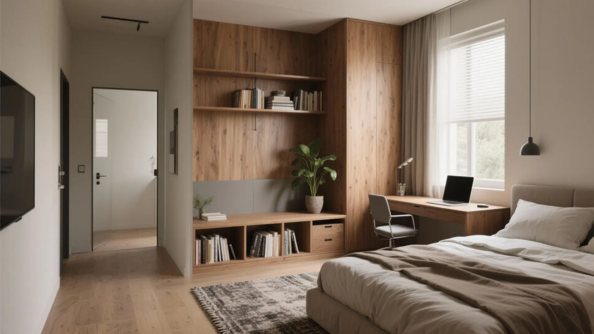 Modern bedroom with wooden built in shelving desk area grey bed and natural light through window