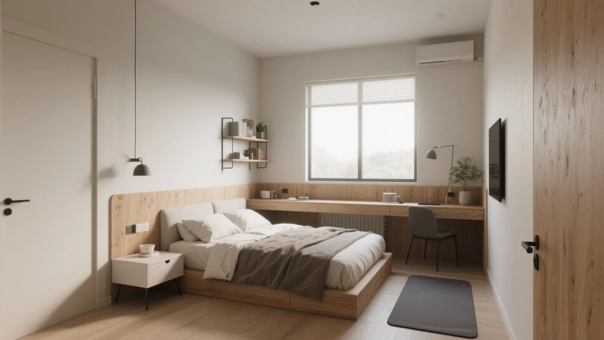 Modern small bedroom with wooden platform bed long desk grey chair and large bright window