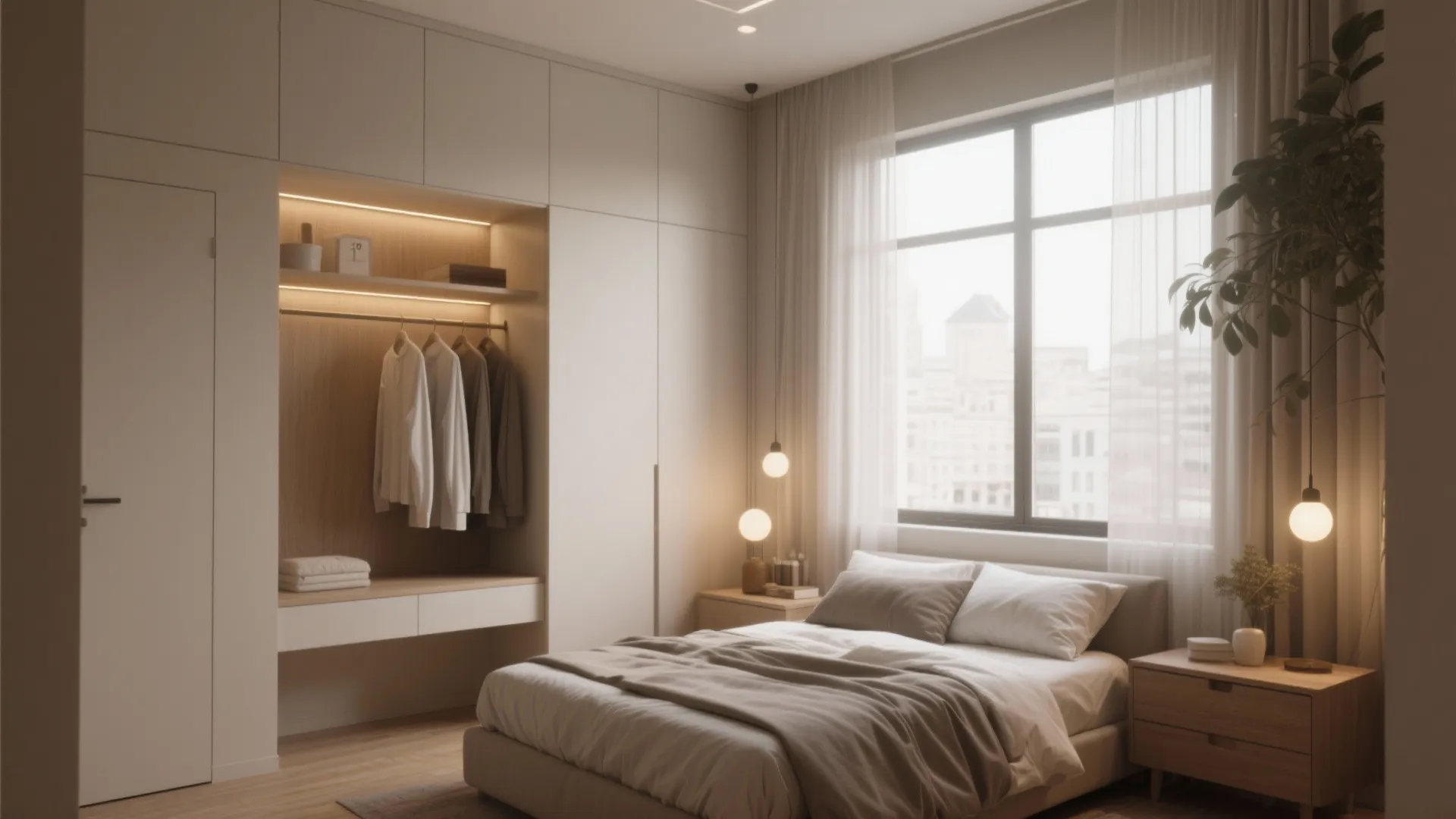 Minimalist small bedroom featuring built-in white wardrobe, cozy bed, warm light fixtures, and large window