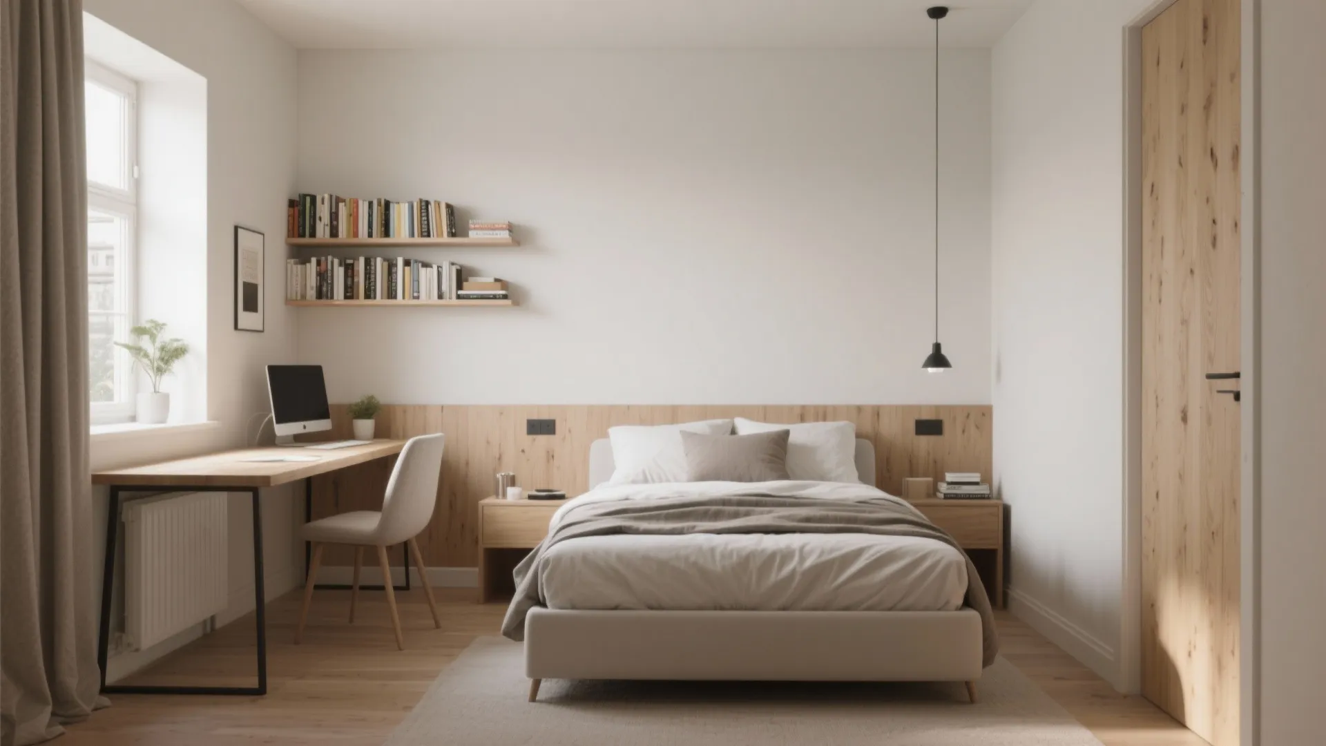 Modern minimal bedroom interior featuring a white bed wooden desk wall shelves and computer setup
