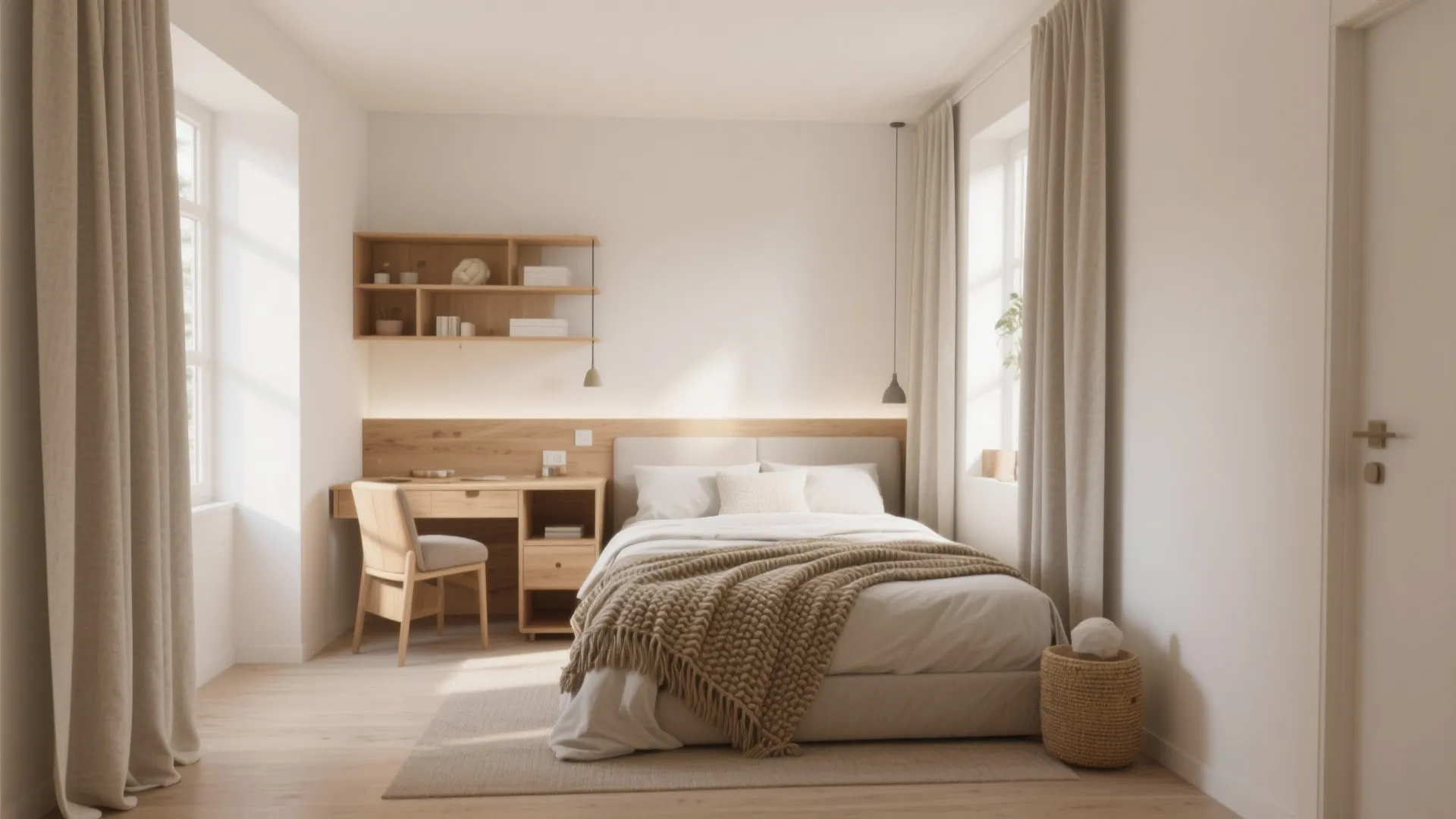 Small bright bedroom with wooden desk chair wall shelves beige curtains and a comfortable bed