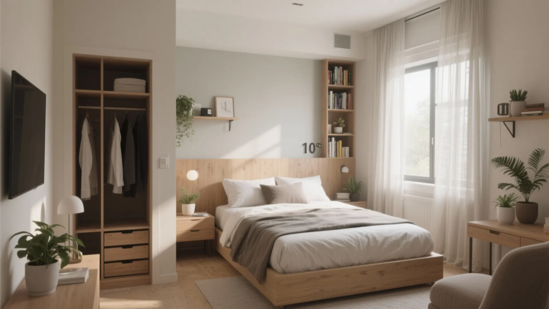 Modern small bedroom with wooden bed frame plus wall shelf and open closet with clothes