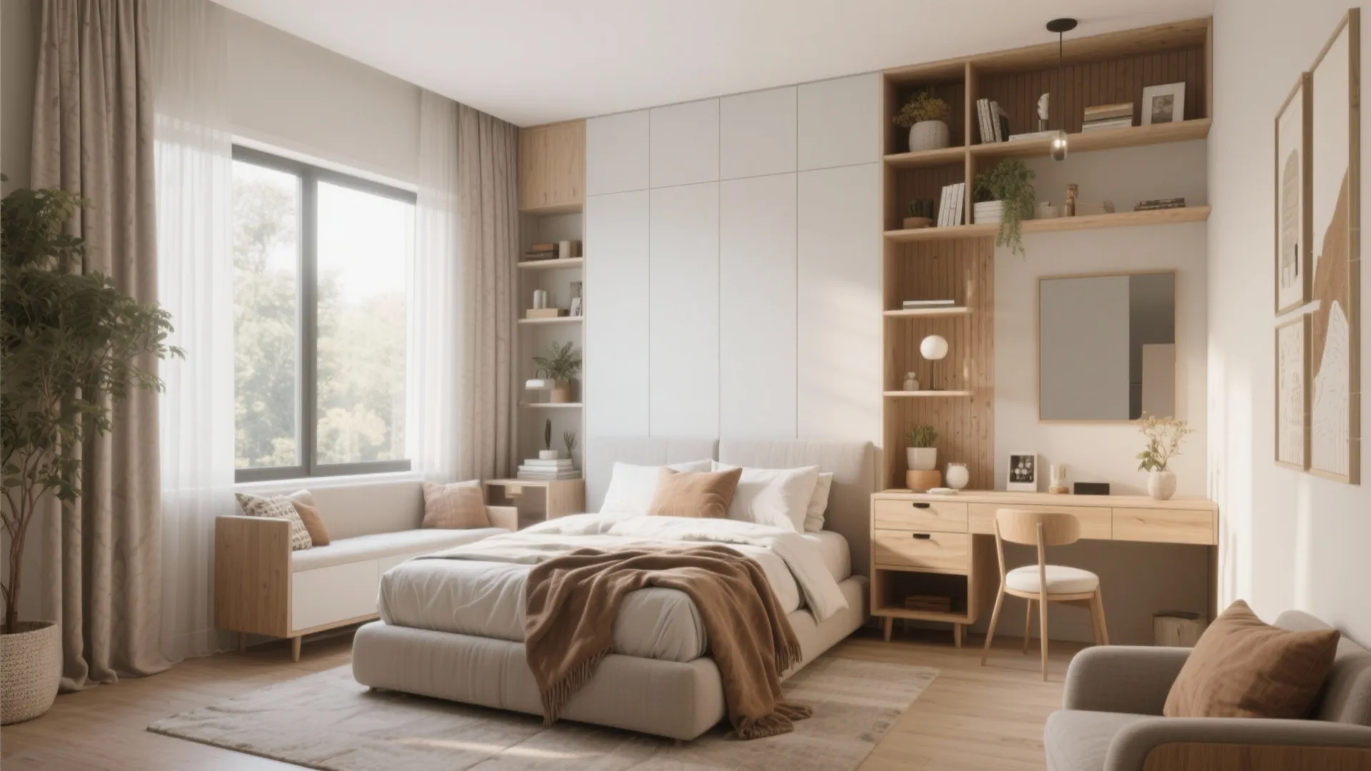 Bright bedroom with white bed, brown blanket, wooden desk, chair, wall shelves, and large window