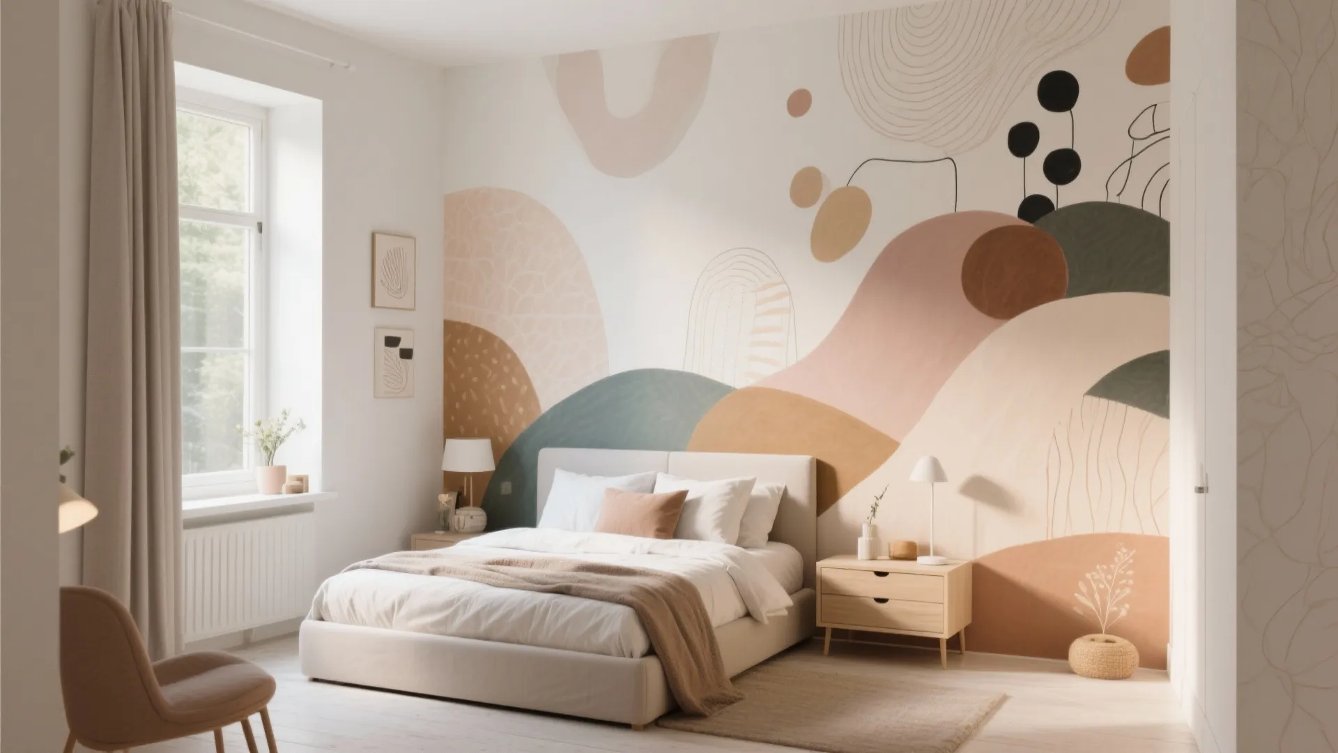 Modern bedroom featuring a colorful abstract wall painting with beige bed and light wood furniture