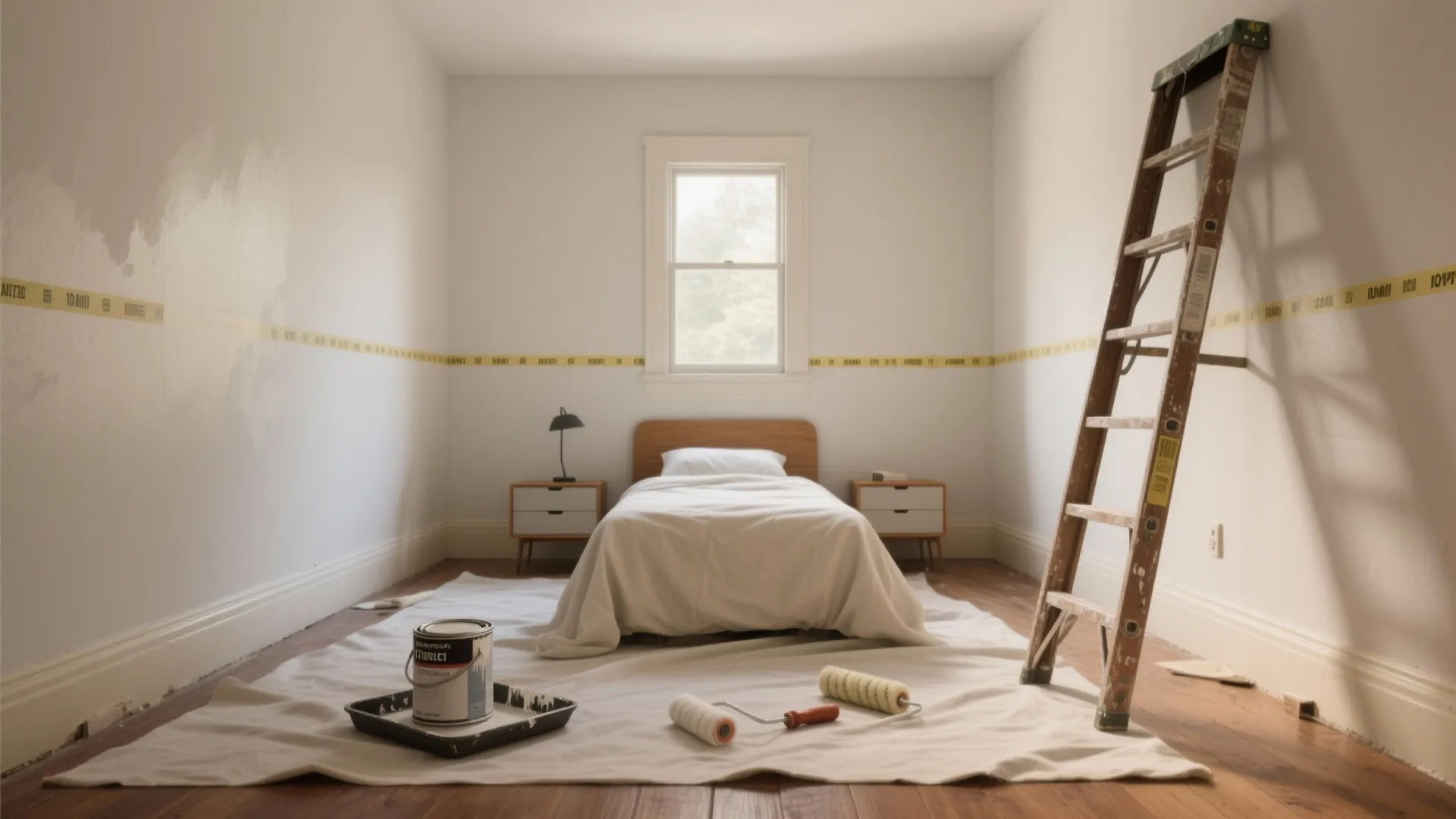 Small bedroom preparing for painting with a ladder paint can rollers and protective floor covering