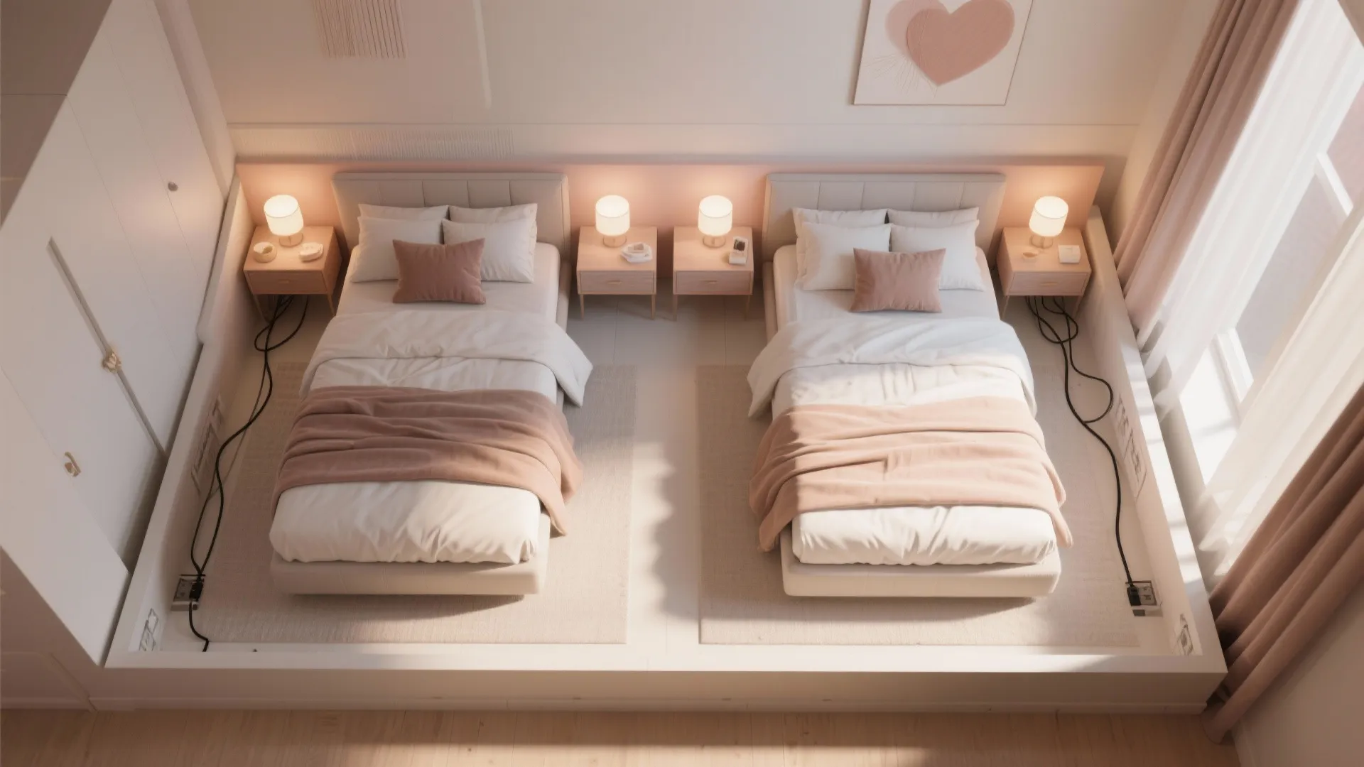 Interior design drawing showing a small bedroom layout with two beds and pink wall panel