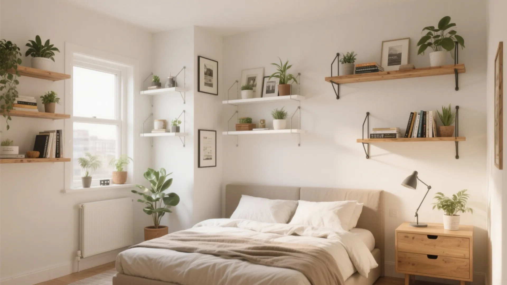 Cozy bedroom with white walls wooden shelves green potted plants framed pictures and natural window light