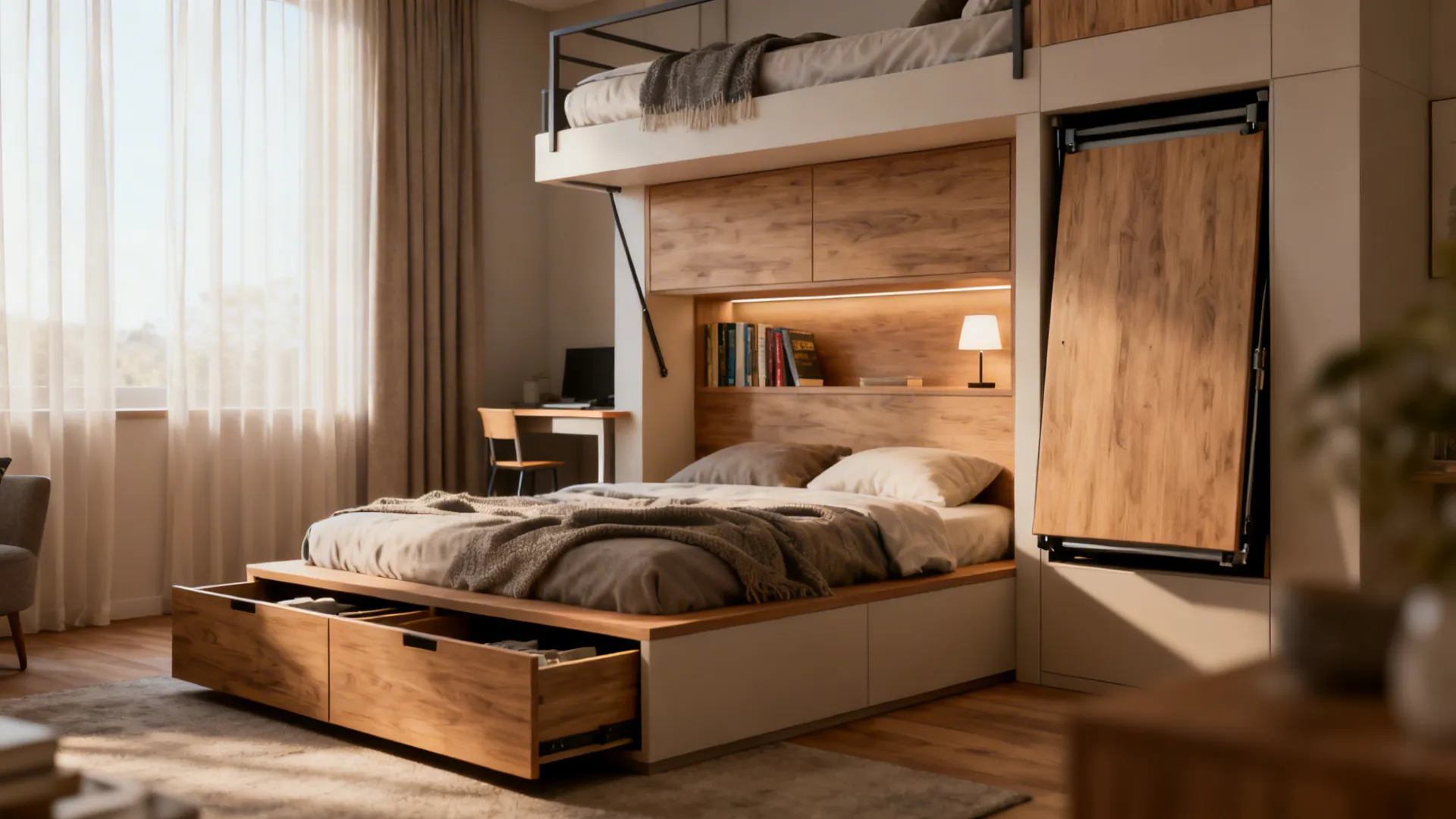Small bedroom featuring a wood bed with storage drawers and a loft bed frame above