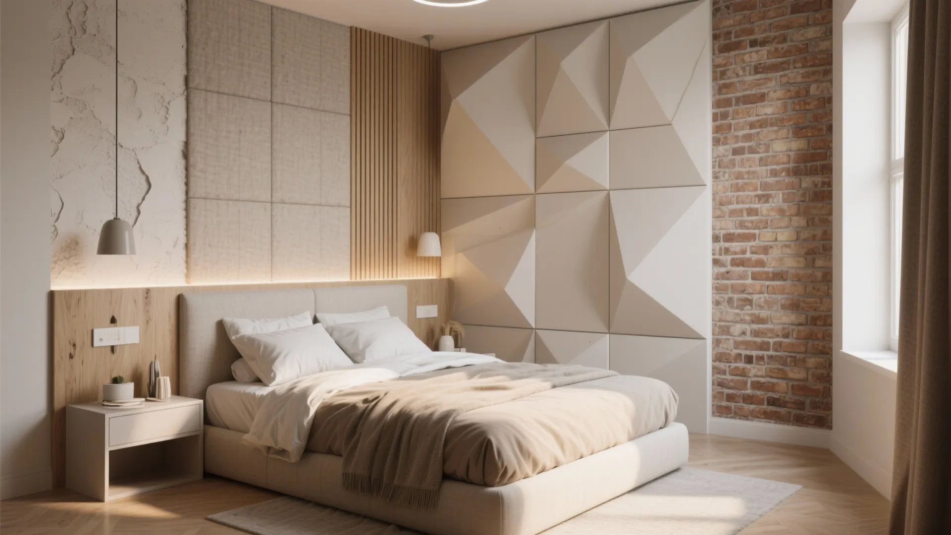 Small bedroom with mixed textures including brick wall wood wall panel and white geometric 3D shapes
