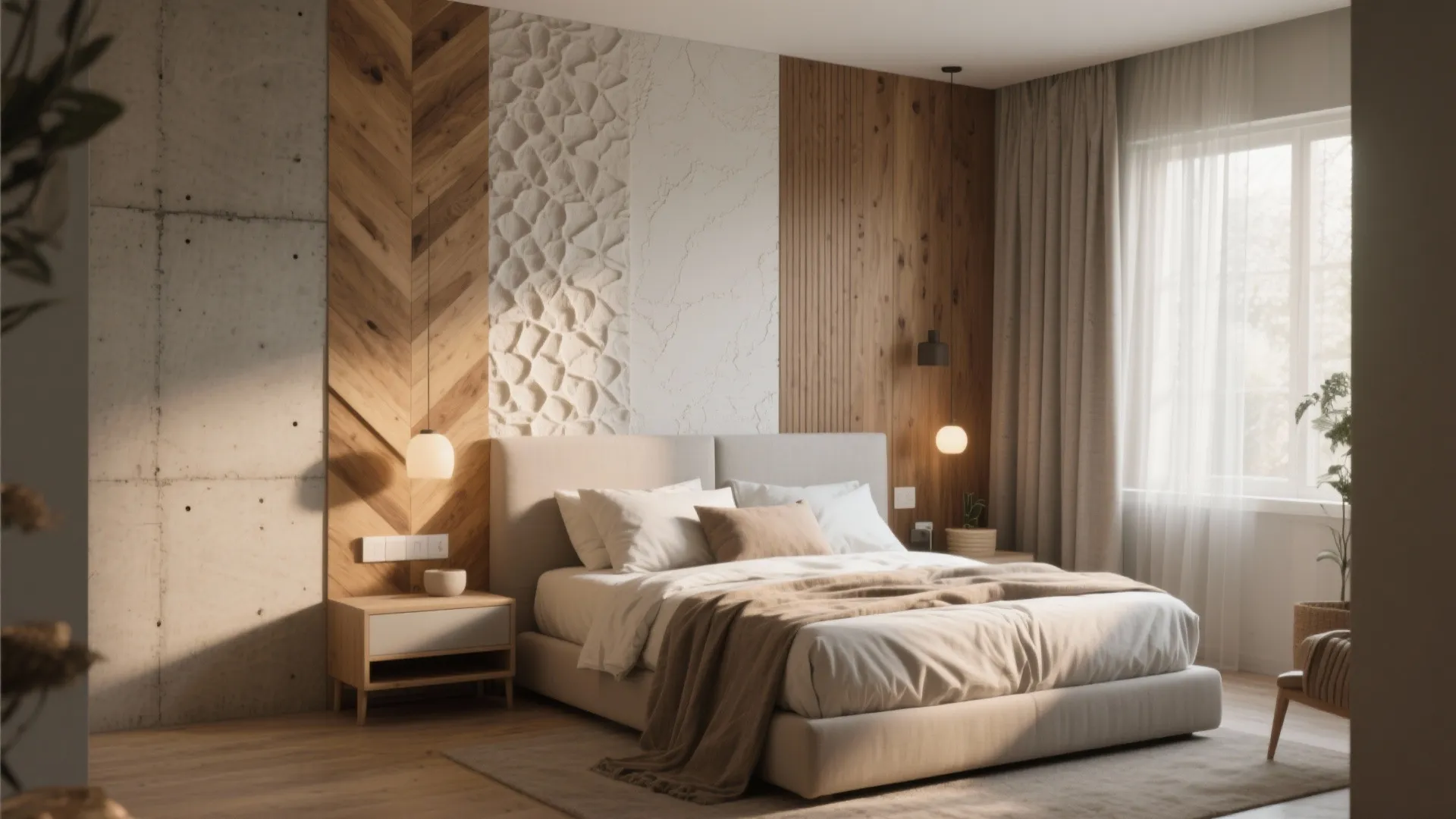 Modern bedroom with textured wall panel including wood and stone soft bed and ceiling light
