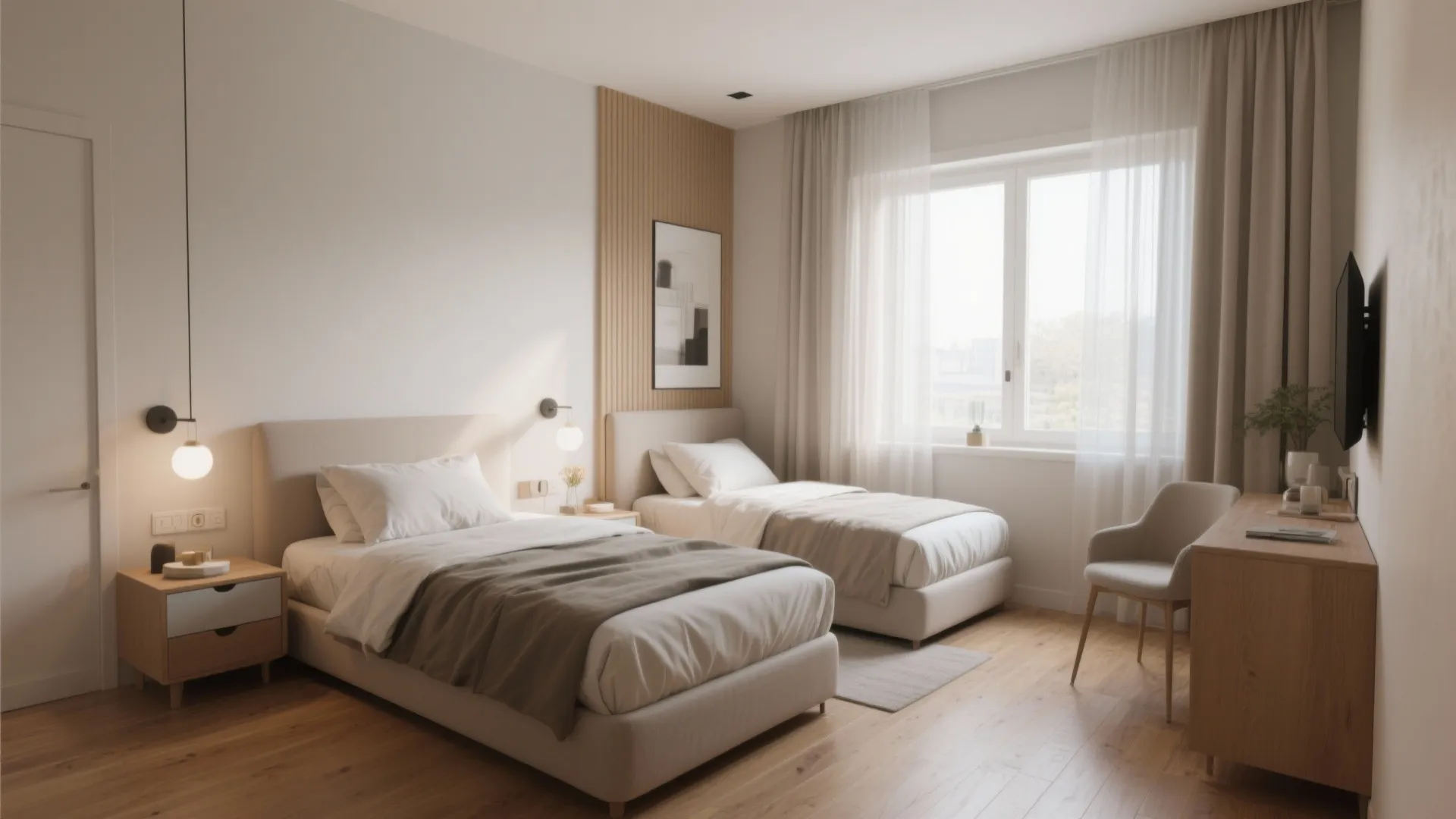Minimalist guest bedroom with two single beds wooden floor white curtains and a small desk area
