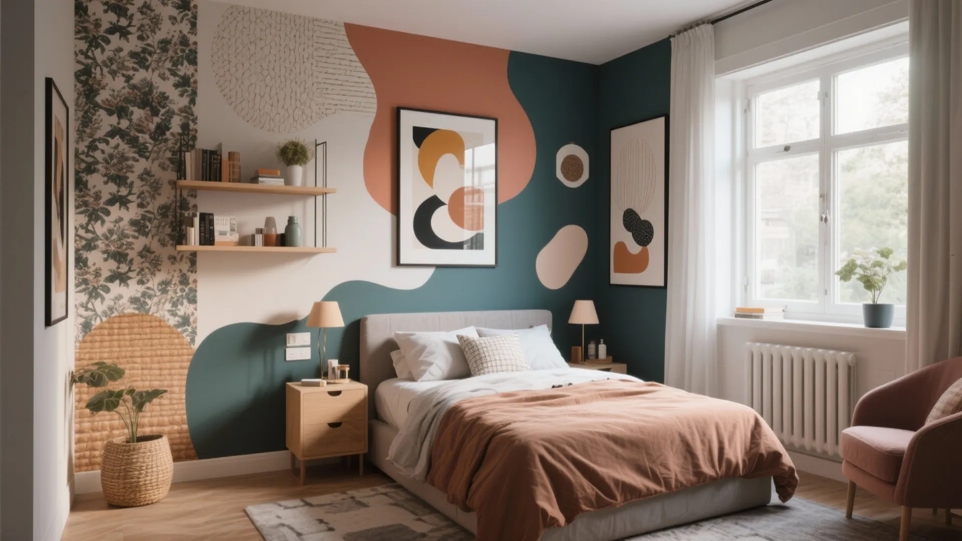 Modern bedroom with colorful abstract wall mural art prints wooden bedside table and pink armchair