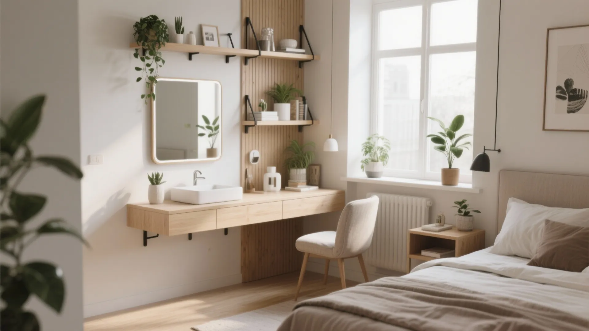 Small bedroom design with wooden wall vanity sink and shelves near window with green plants