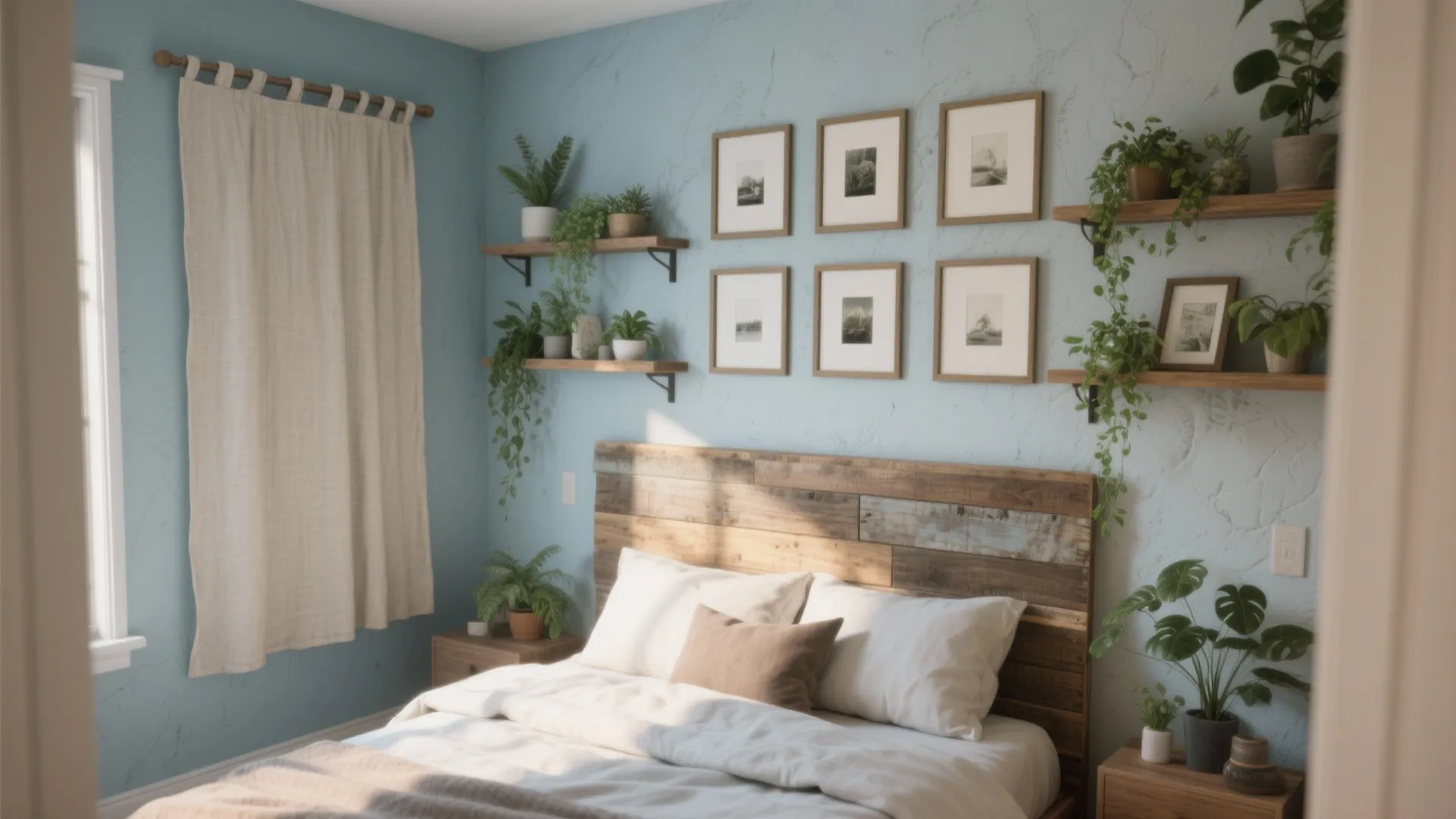 Blue bedroom with wooden bed headboard six picture frames on wall and green potted plants