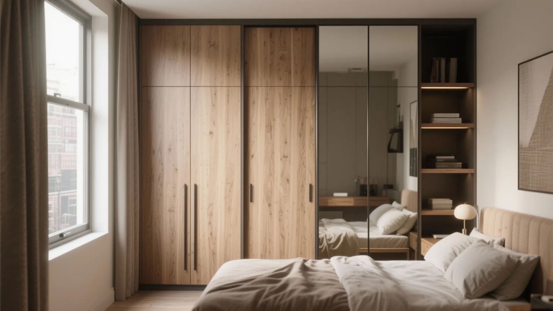 Modern wooden cabinet with mirror doors in a small bedroom next to a comfortable bed