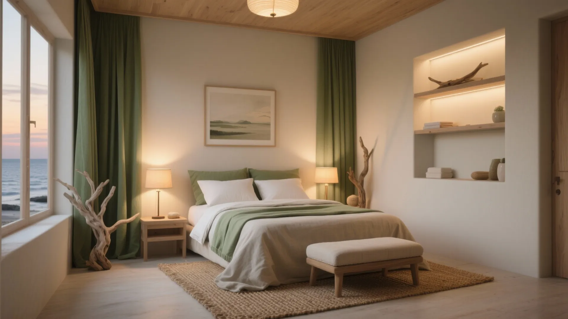 Modern bedroom with green curtains white bed and wooden ceiling light near a large window