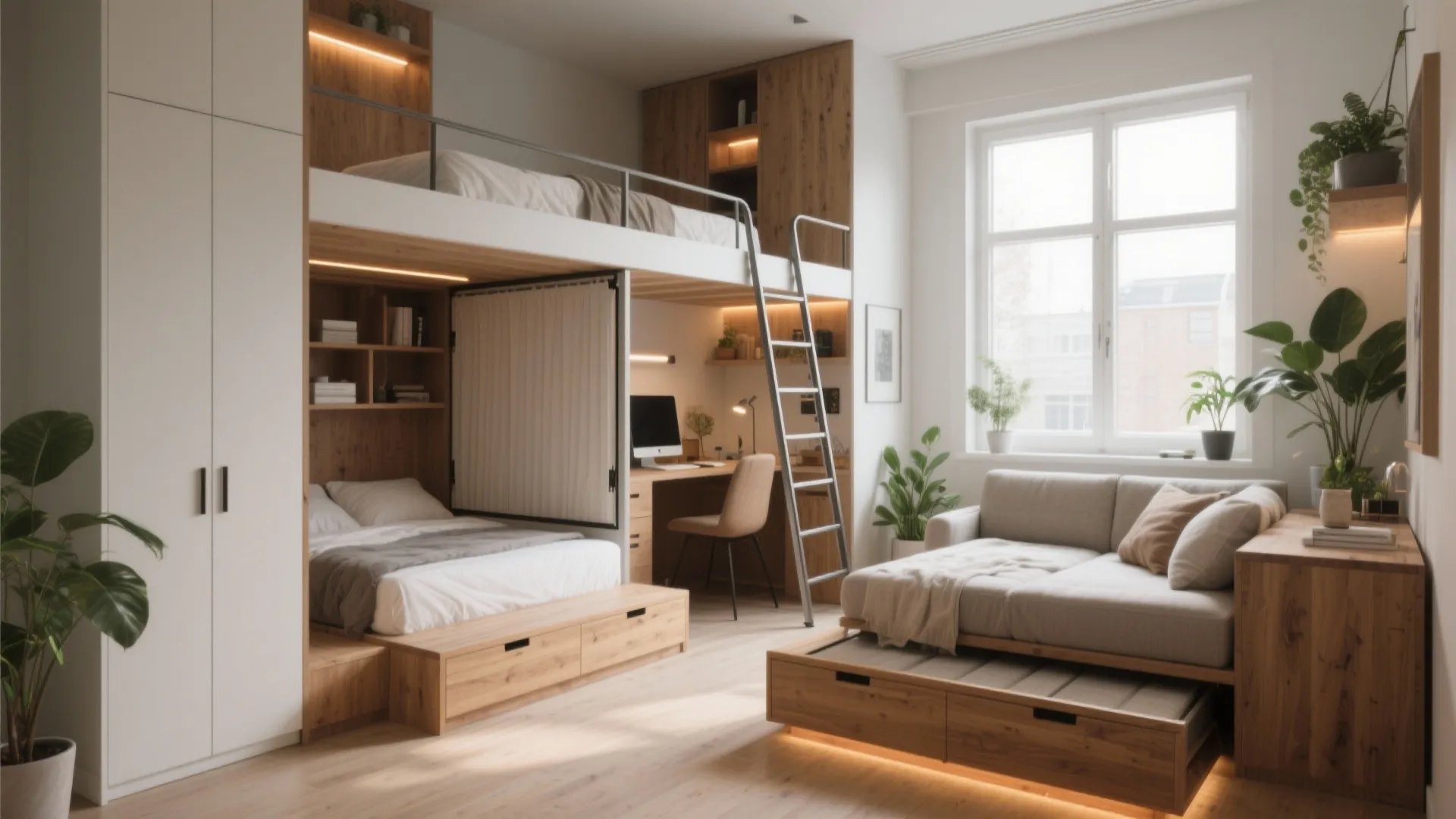 Modern studio apartment featuring a bunk bed above a desk and a small grey sofa
