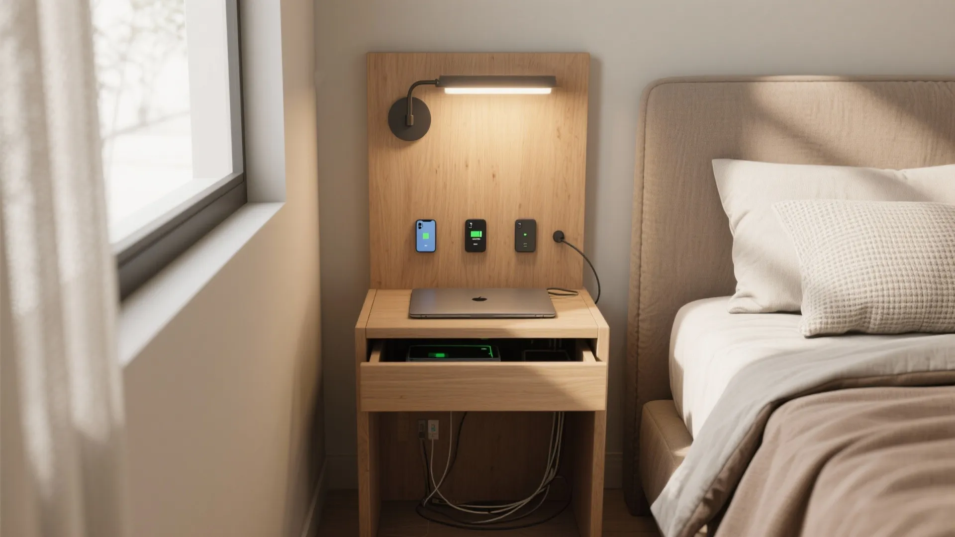 Wooden bedside table with integrated charging station and wall light next to a cozy bed