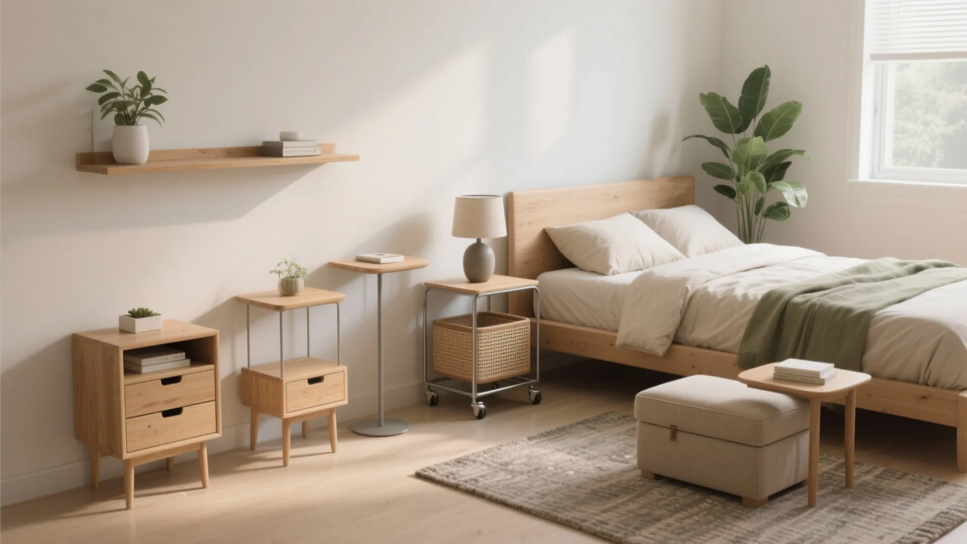 Modern bedroom with wooden bed and various small side tables under a simple wall mounted shelf