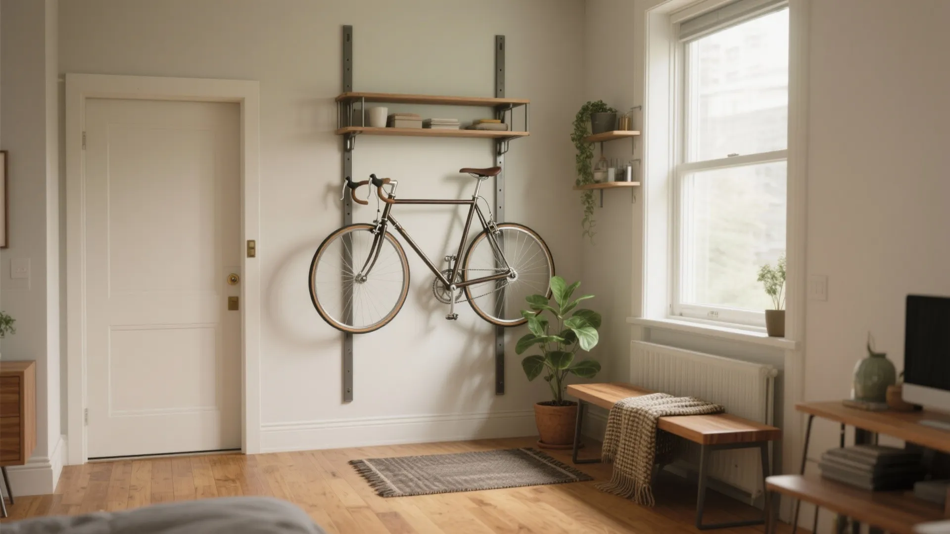 Modern white room with bike hanging on wall shelf next to wooden bench and window
