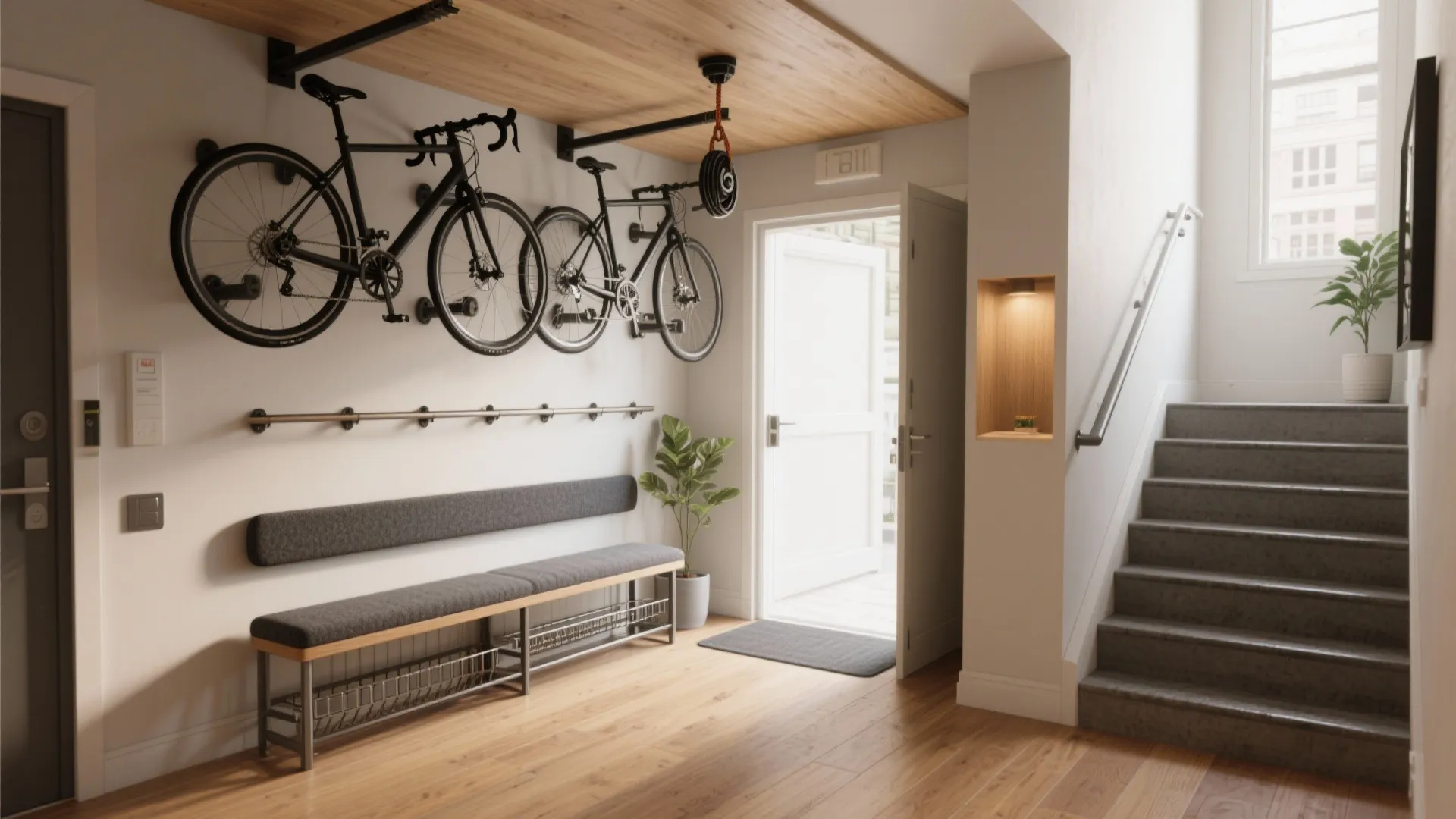 Modern entryway with two bicycles mounted on the wall above a long grey sitting bench