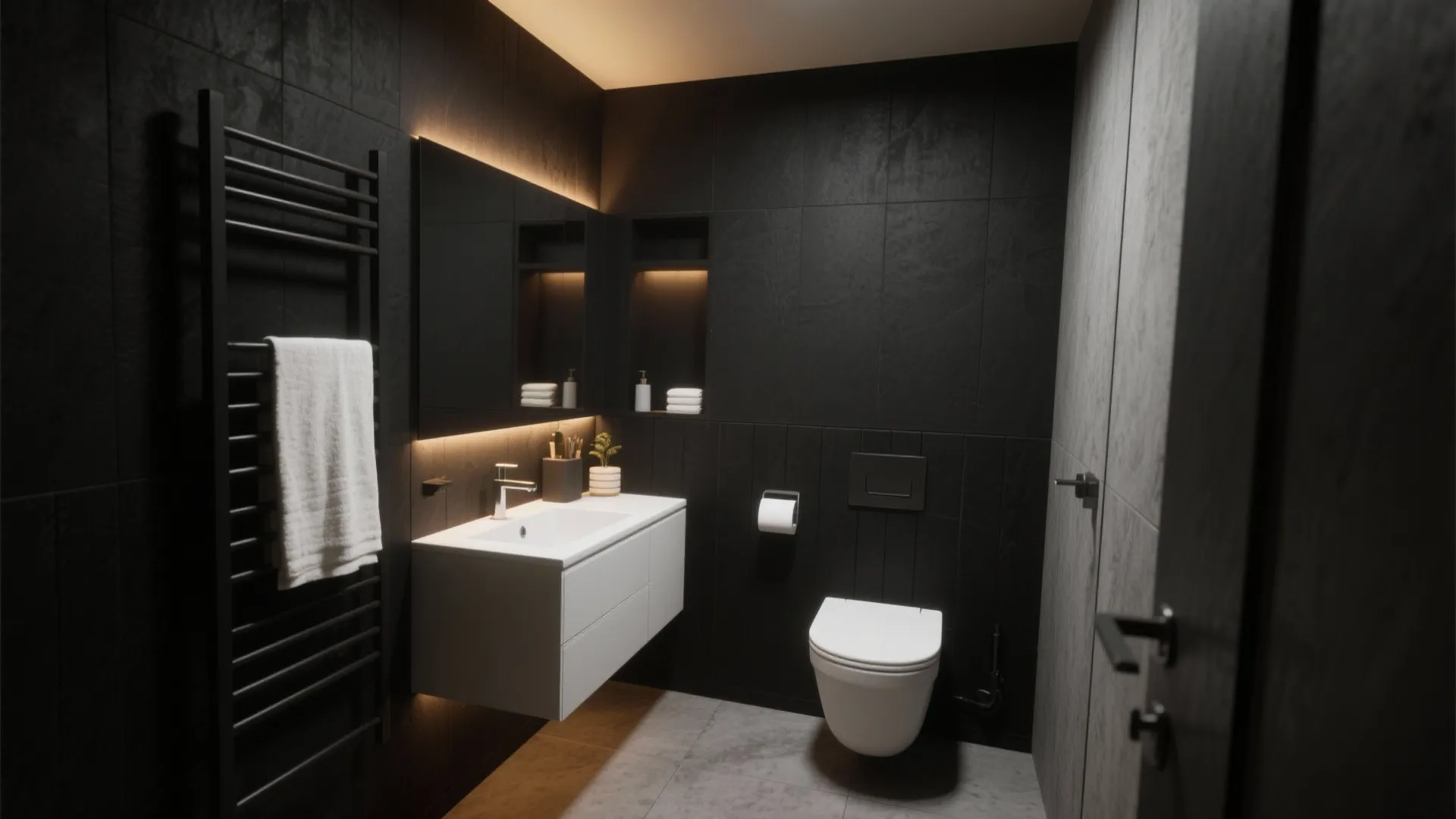 Minimalist bathroom design with dark grey wall panels white floating cabinet and warm hidden lighting