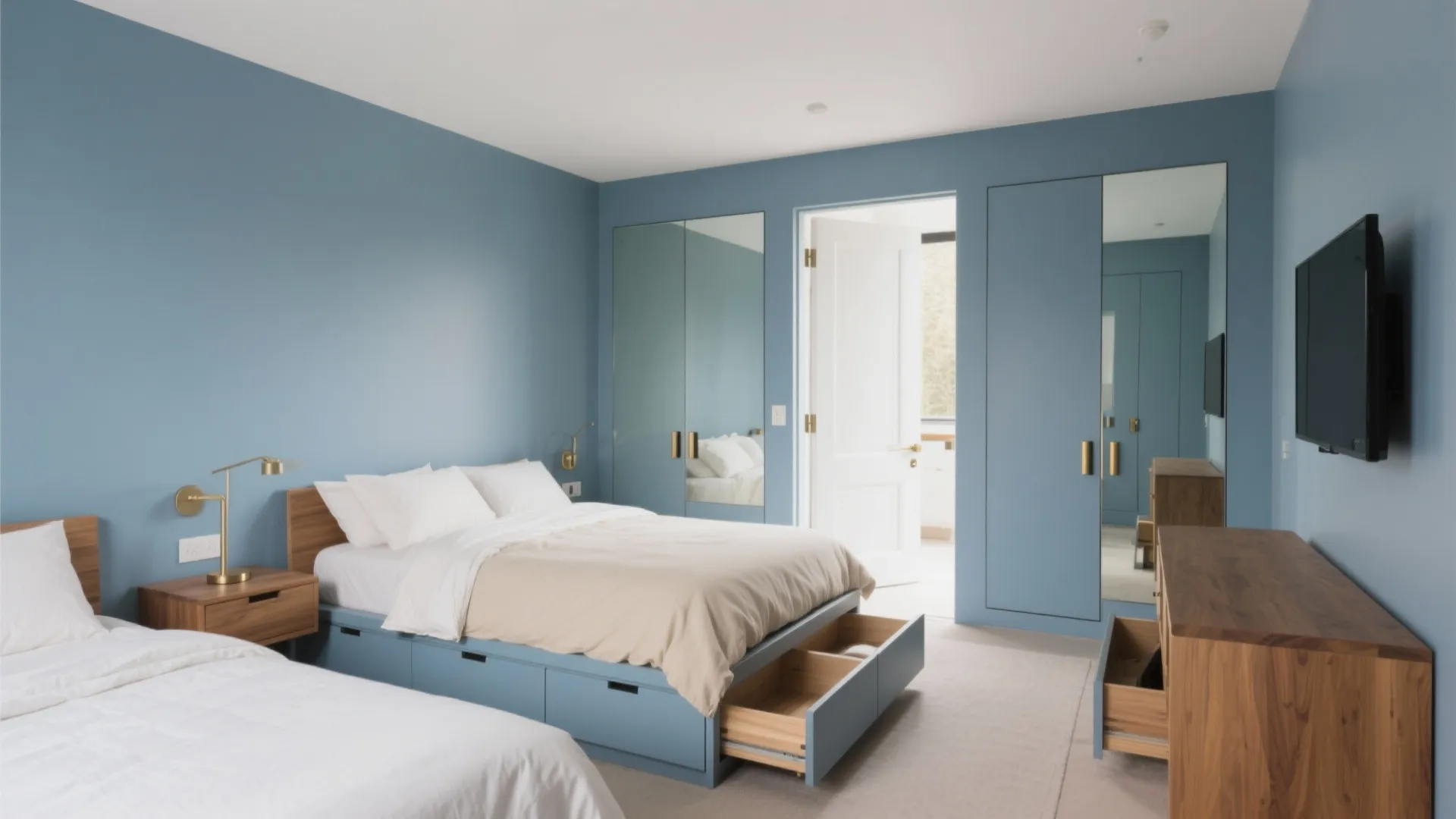 Blue bedroom with storage bed showing open drawers, built-in mirror cabinets, and wall mounted television