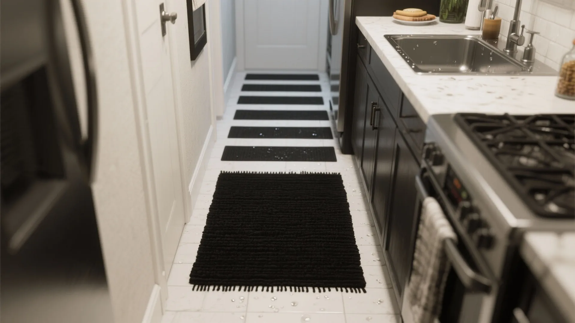 Narrow kitchen with a small black accent rug at the sink and a series of short black runners down the aisle