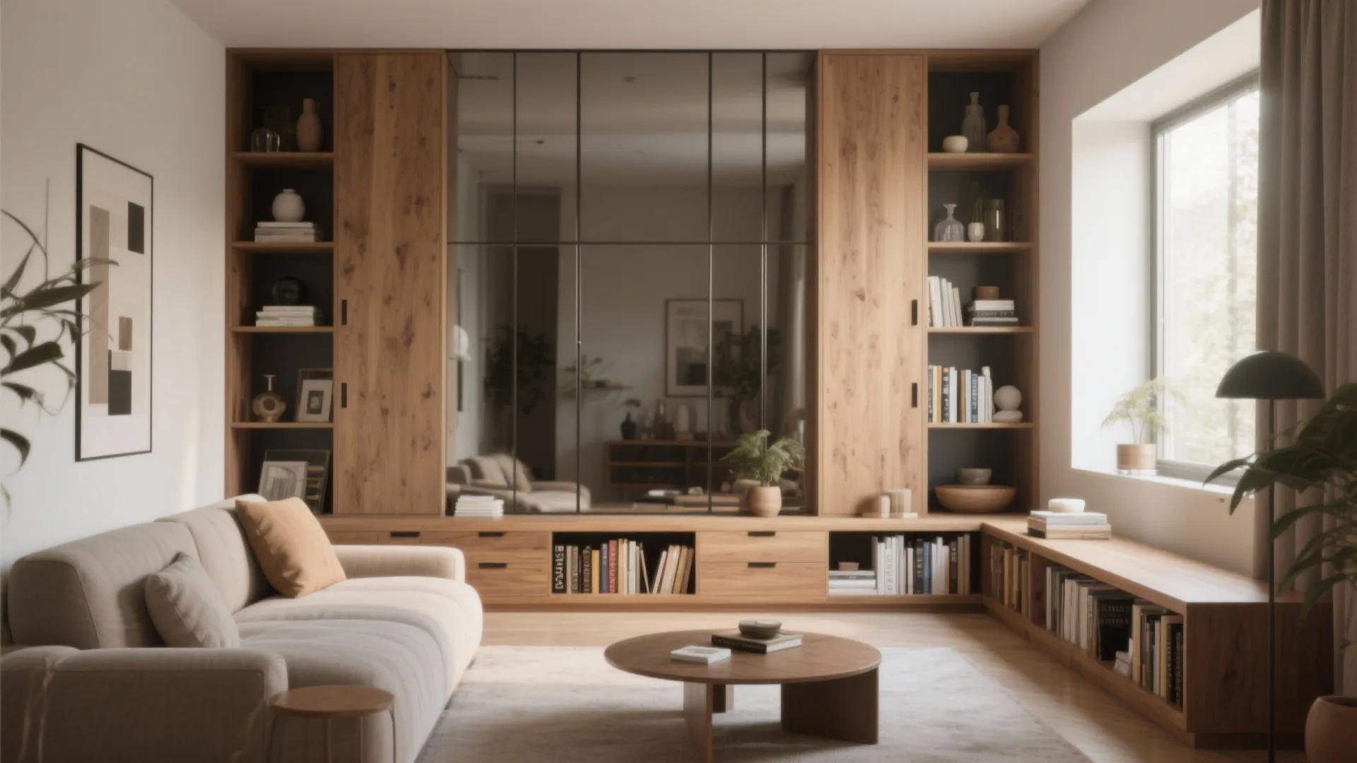 Bright living room with large wooden cabinet unit mirrored glass doors beige sofa and rug