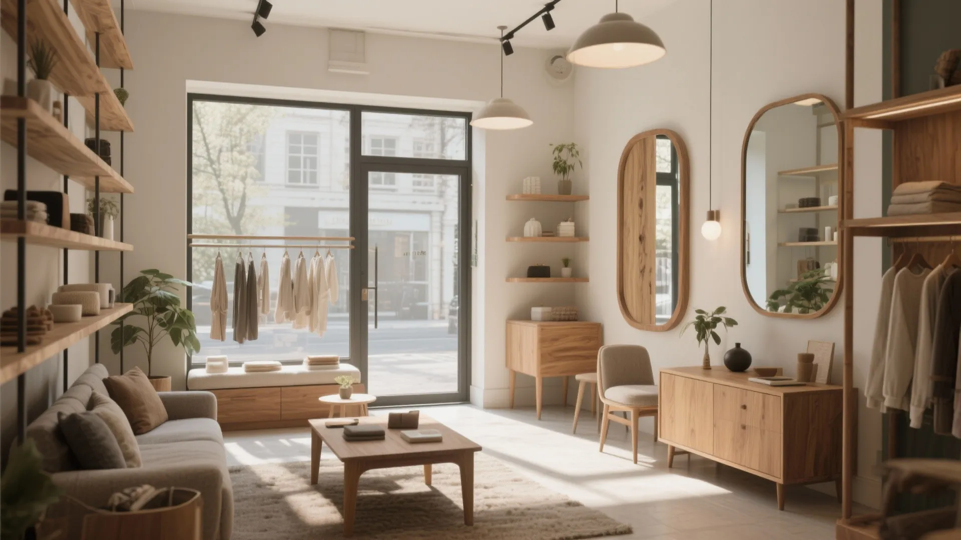 Modern boutique interior with wood shelves grey sofa wooden coffee table and two large wall mirrors