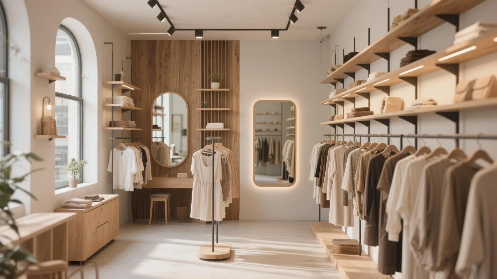 Boutique interior with wooden wall paneling, clothes on racks, oval mirror, and black track lights