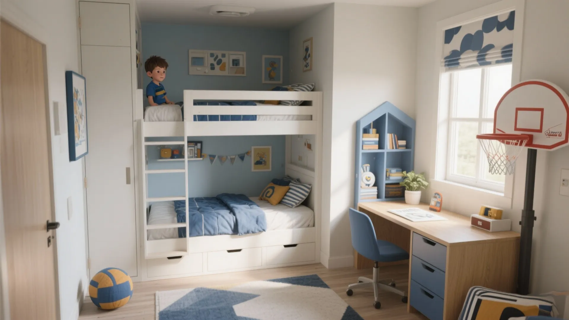 Boys bedroom with white bunk bed, blue desk chair, basketball hoop, and blue wall panels