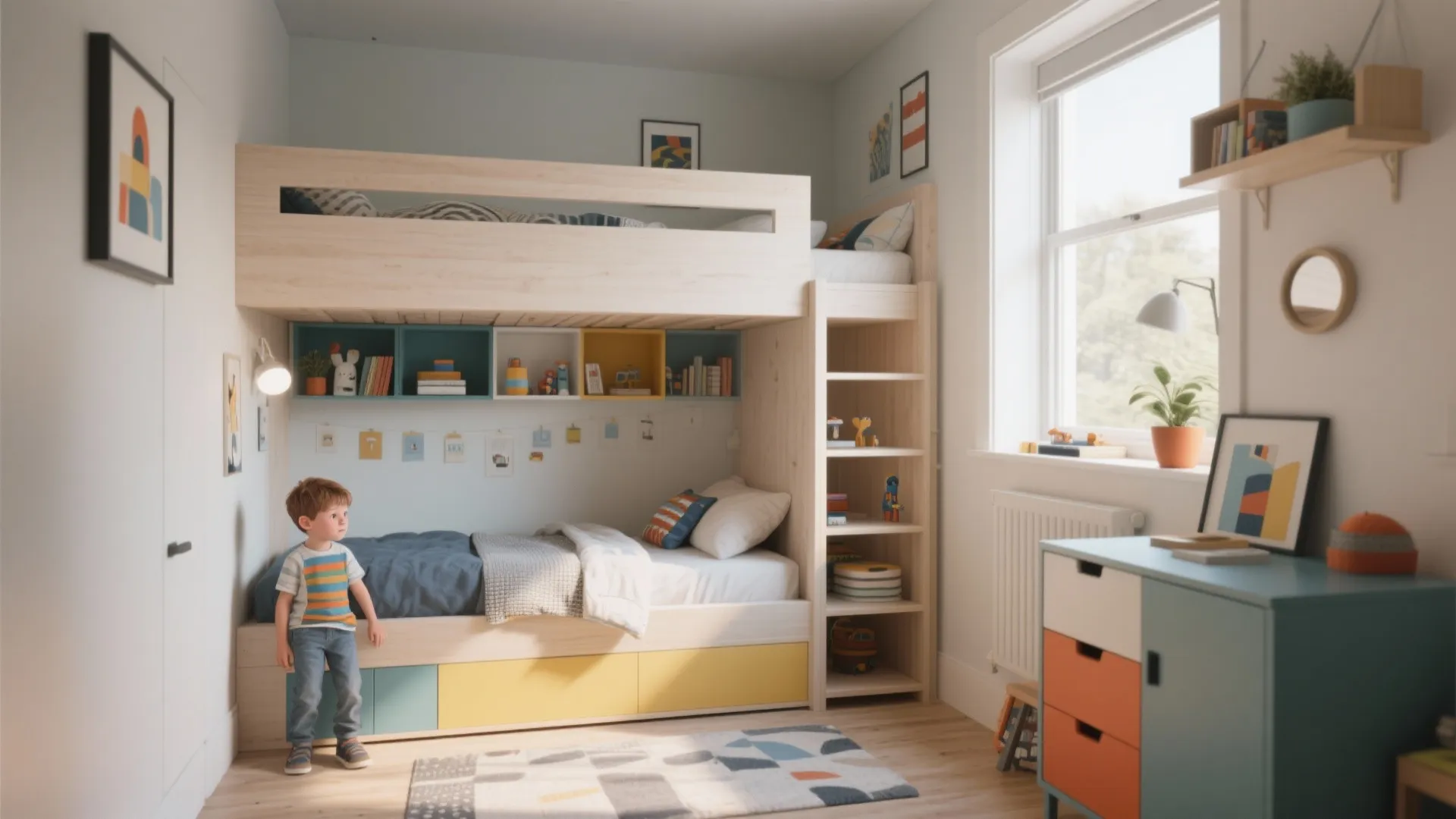Modern kids bedroom featuring a wooden bunk bed with colorful storage drawers and a cabinet