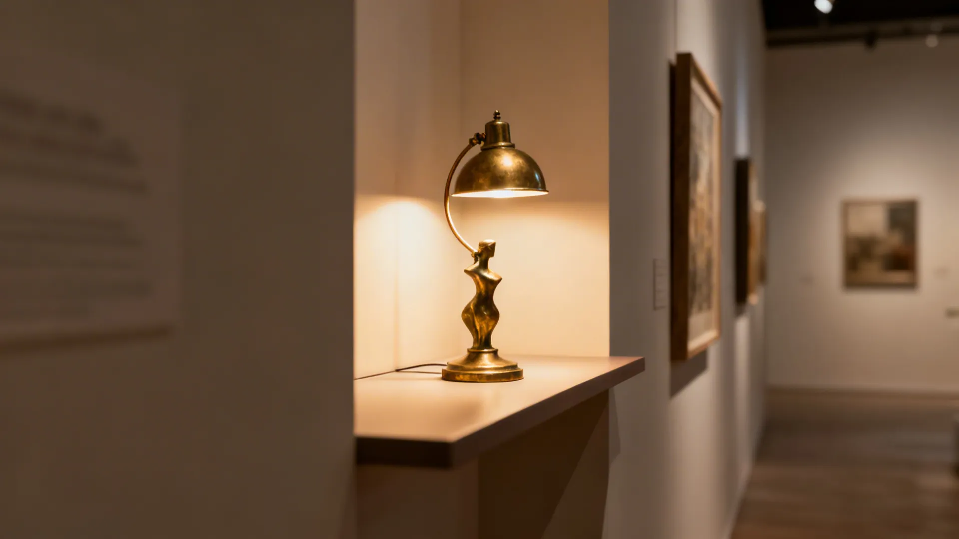 Petite antique brass table lamp showcased like a sculpture on a console, highlighting its silhouette.