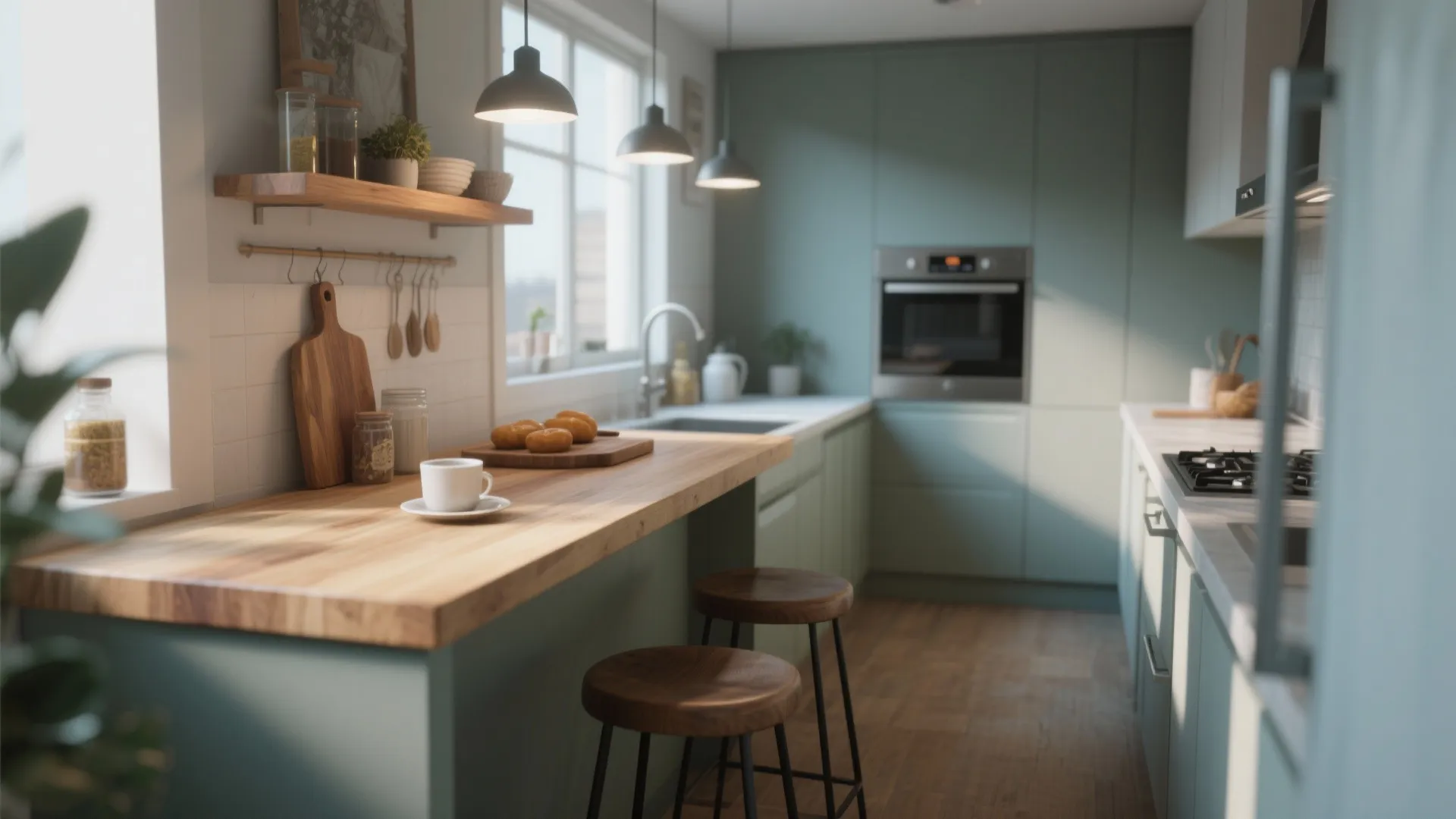 Modern kitchen with wood breakfast bar two wooden stools green cabinets and black ceiling lights