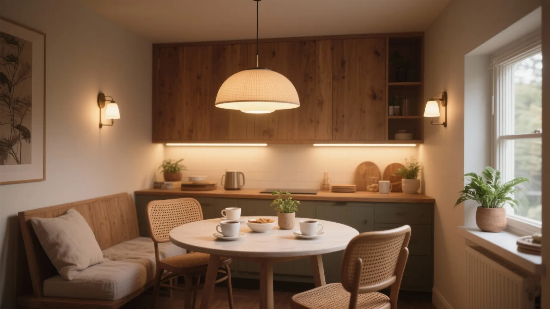 Cozy kitchen breakfast nook with round marble table rattan chairs wooden cabinets and wall lights