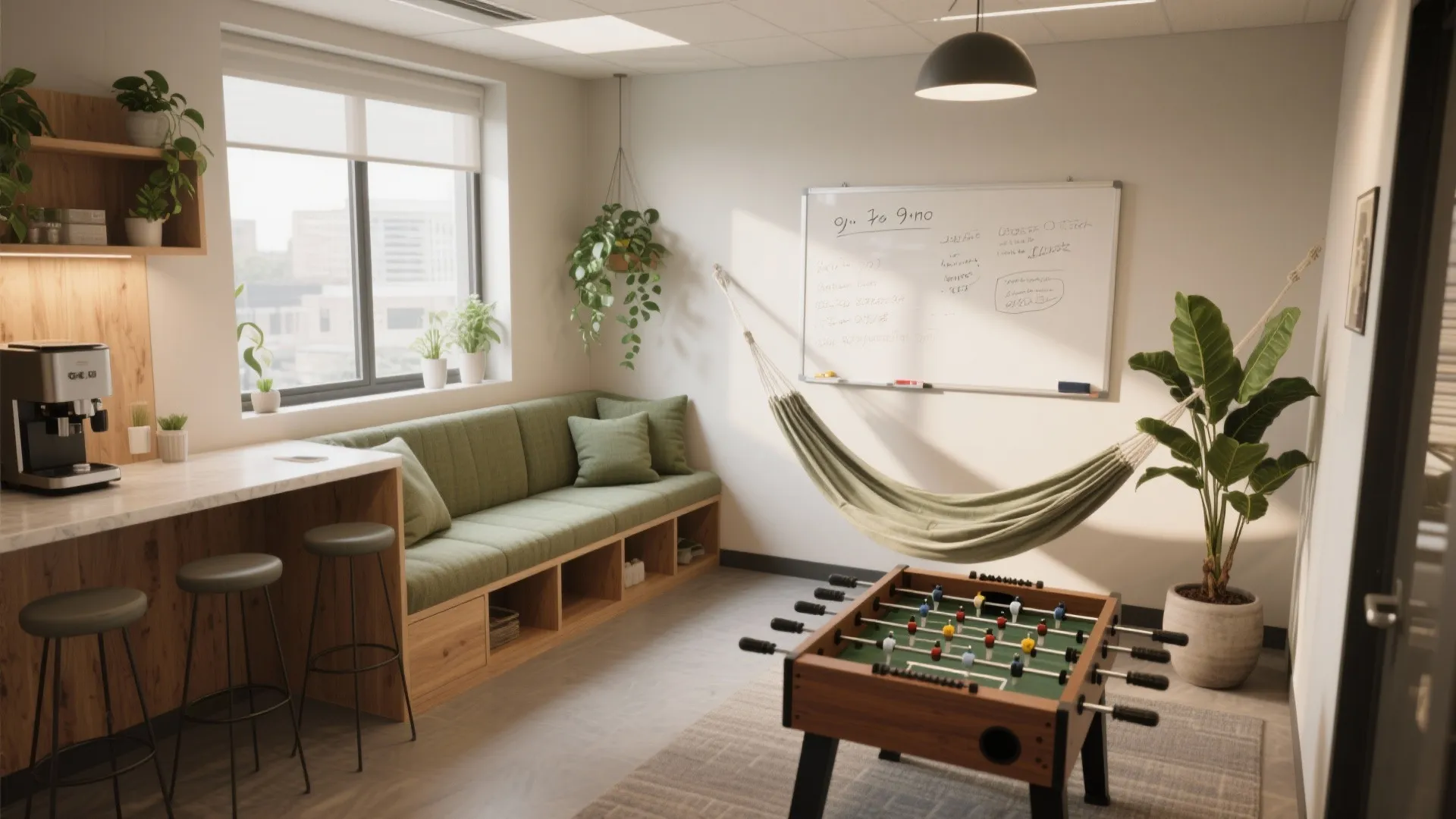 Modern office breakout room with green sofa hammock whiteboard foosball table and various indoor green plants