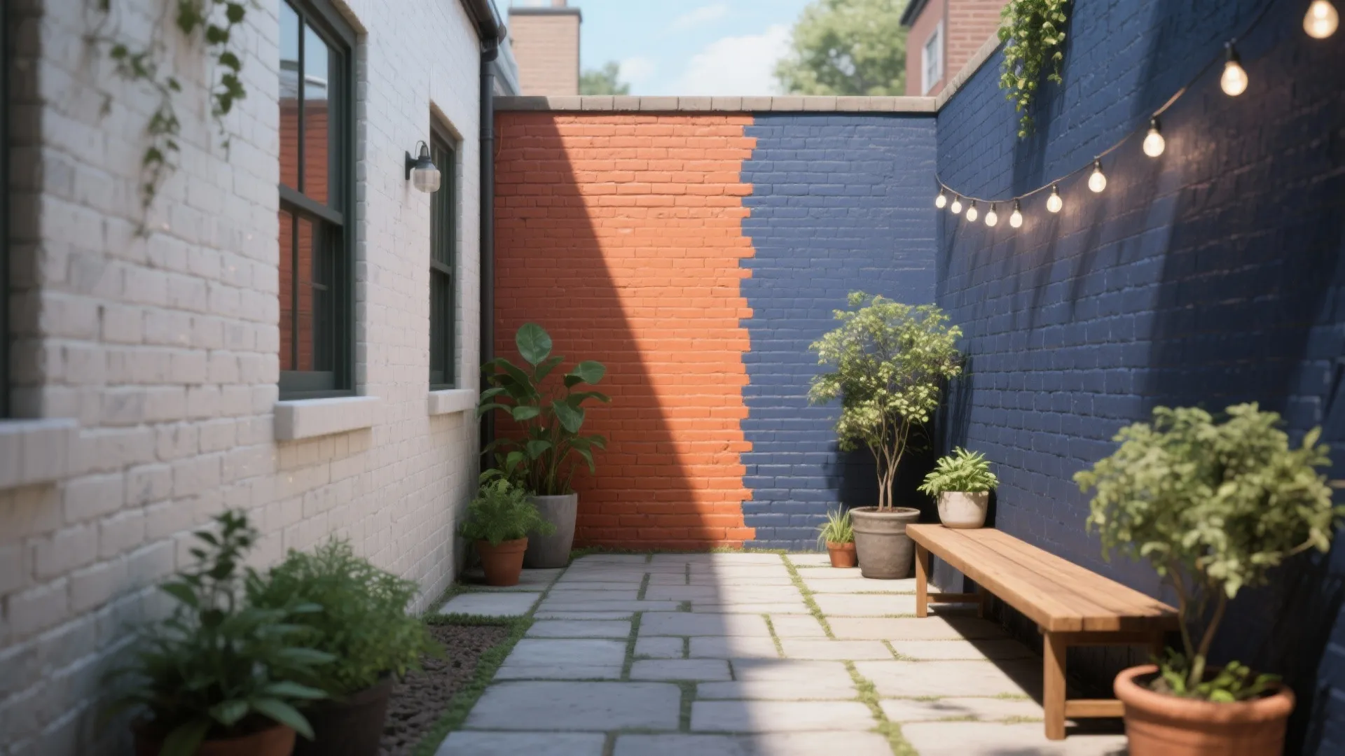 Narrow backyard patio with orange and blue brick walls wooden bench and hanging light bulbs