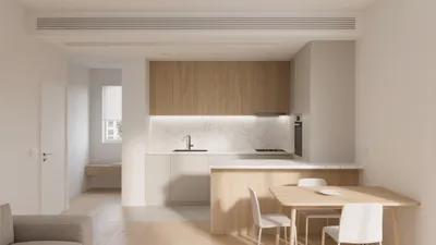 Scandinavian Kitchen Dining Space with Natural Wood & Marble