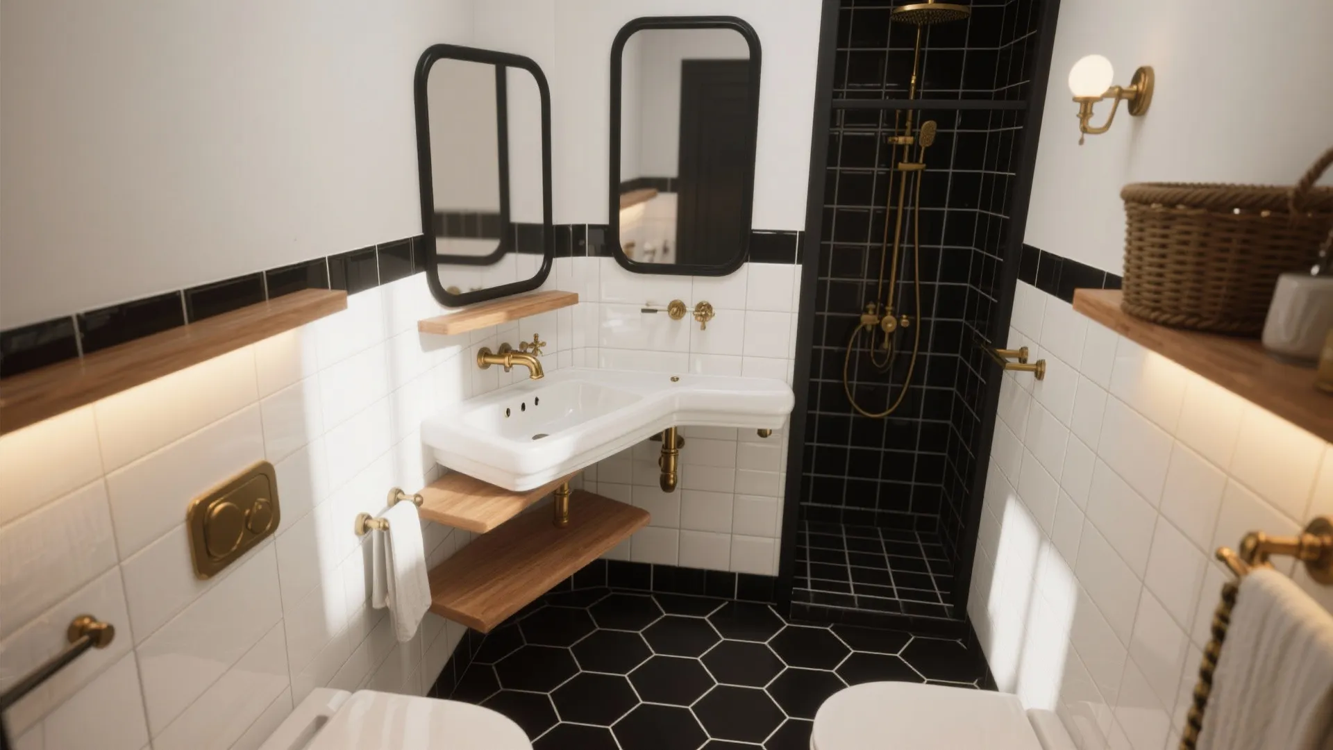 Modern small bathroom with black and white tiles plus gold fixtures and wooden storage shelves
