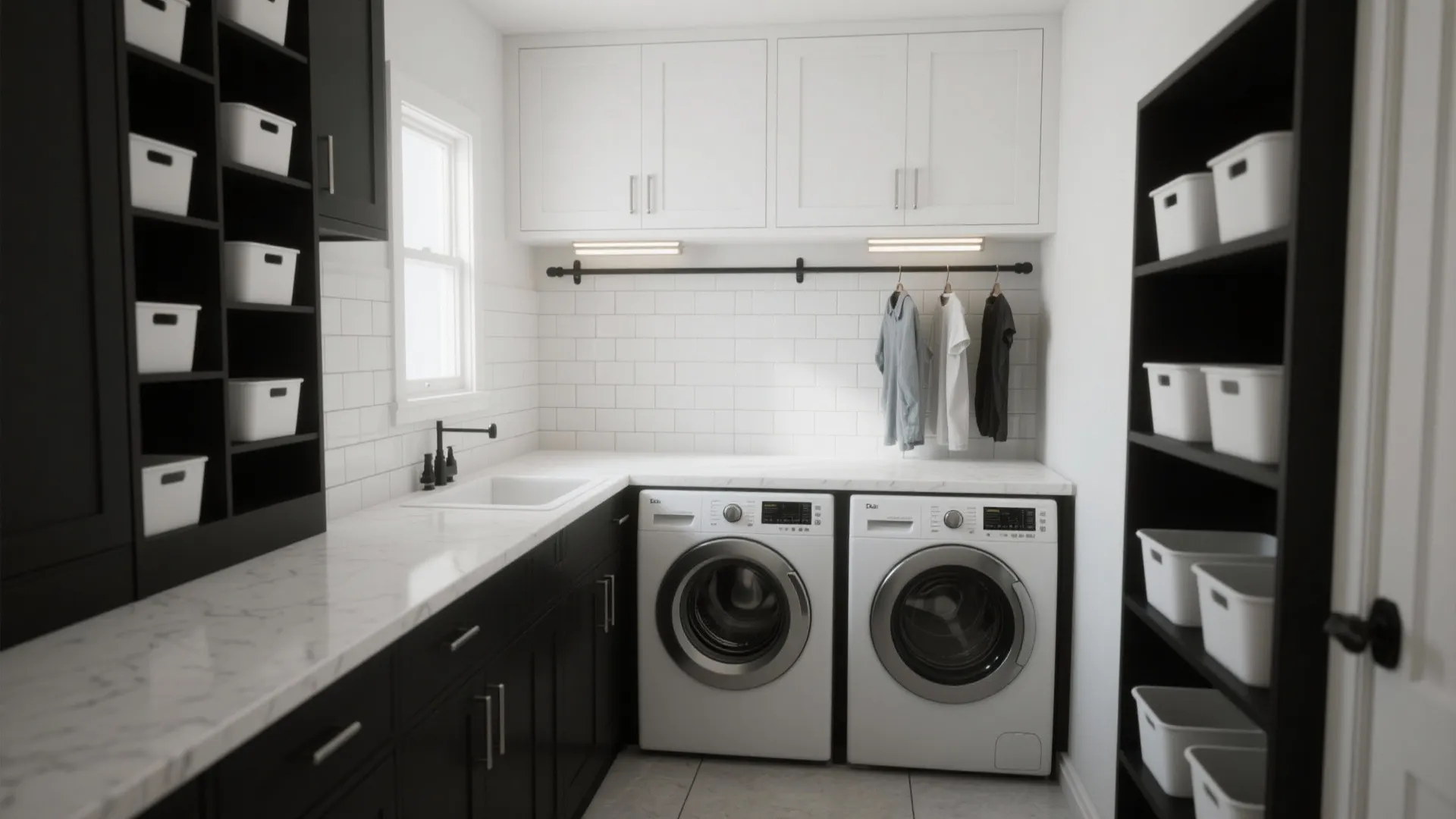 5 Small Black and White Laundry Room Ideas: Real designer tips for tiny laundries: storage, light, and timeless contrast