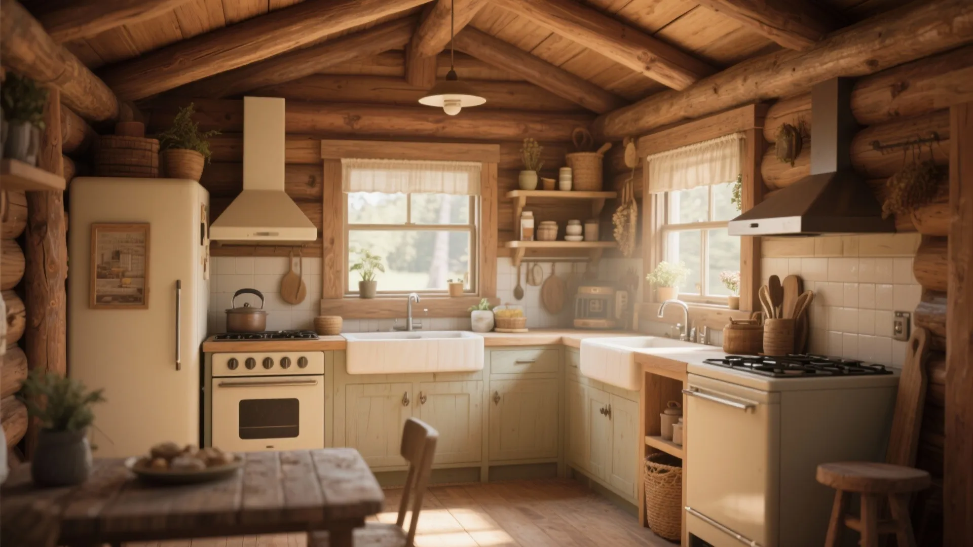 Rustic wooden cabin kitchen with green cabinets white stove large windows and simple light fixture
