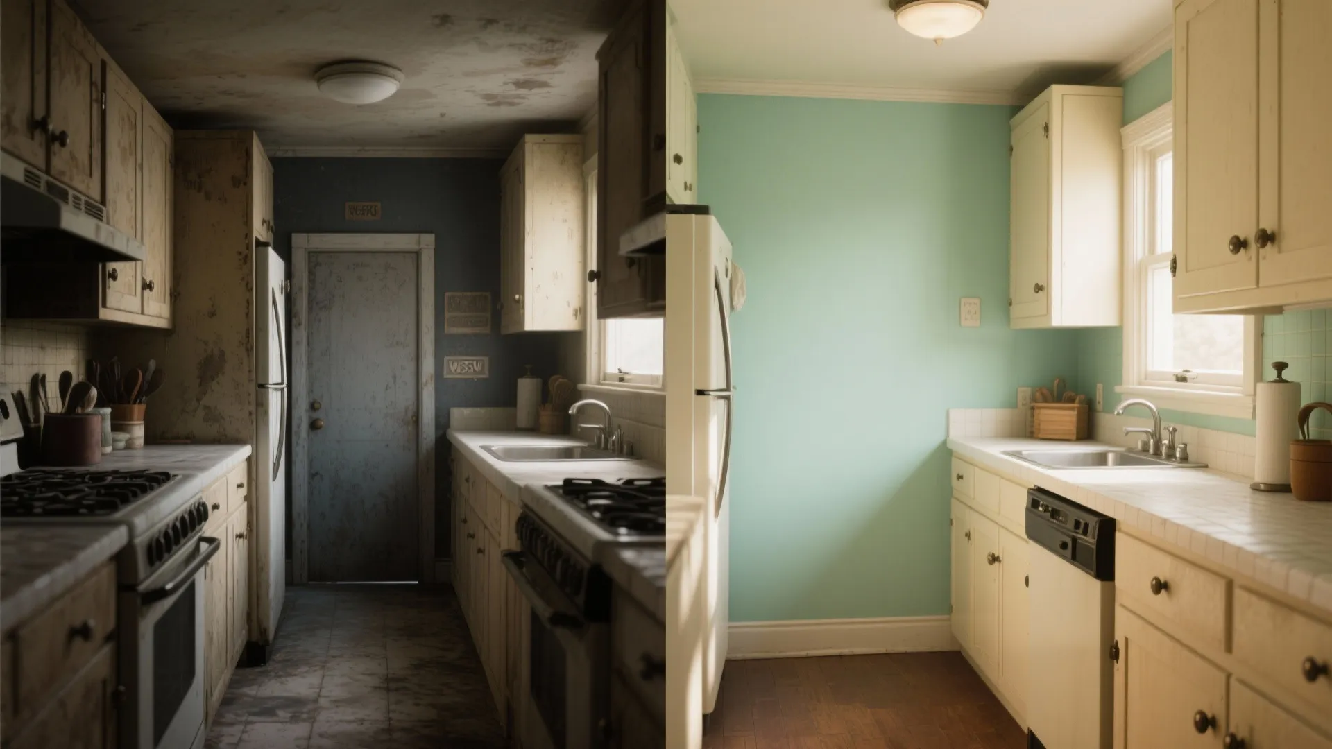 Before and after comparison showing dark old kitchen renovated into a bright green kitchen area